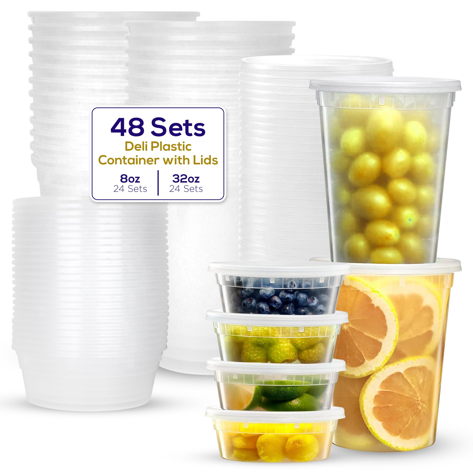 Supreme Deli Plastic Food Storage Containers with Lids - 8 oz & 32 oz (48-Piece Set) - Reusable, Microwave & Freezer Safe, Dishwasher Safe - Airtight Leakproof Containers for Meal Prep, Leftovers & Food Storage - Perfect for Home, Office & Picnics