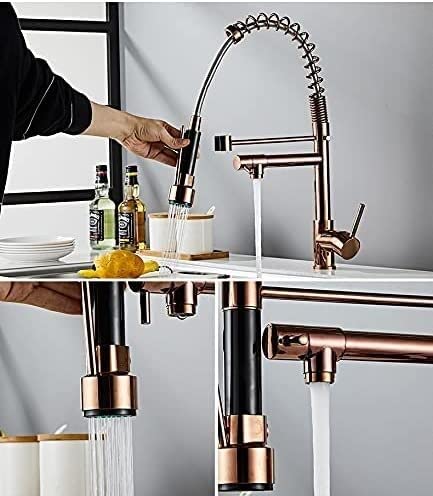 KORP Pull-Out Sprayer Kitchen Sink Faucet with Dual Spout - Chrome/Gold Single Handle Deck Mount Mixer Tap for Hot & Cold Water - Perfect for Modern Kitchens and Bathrooms
