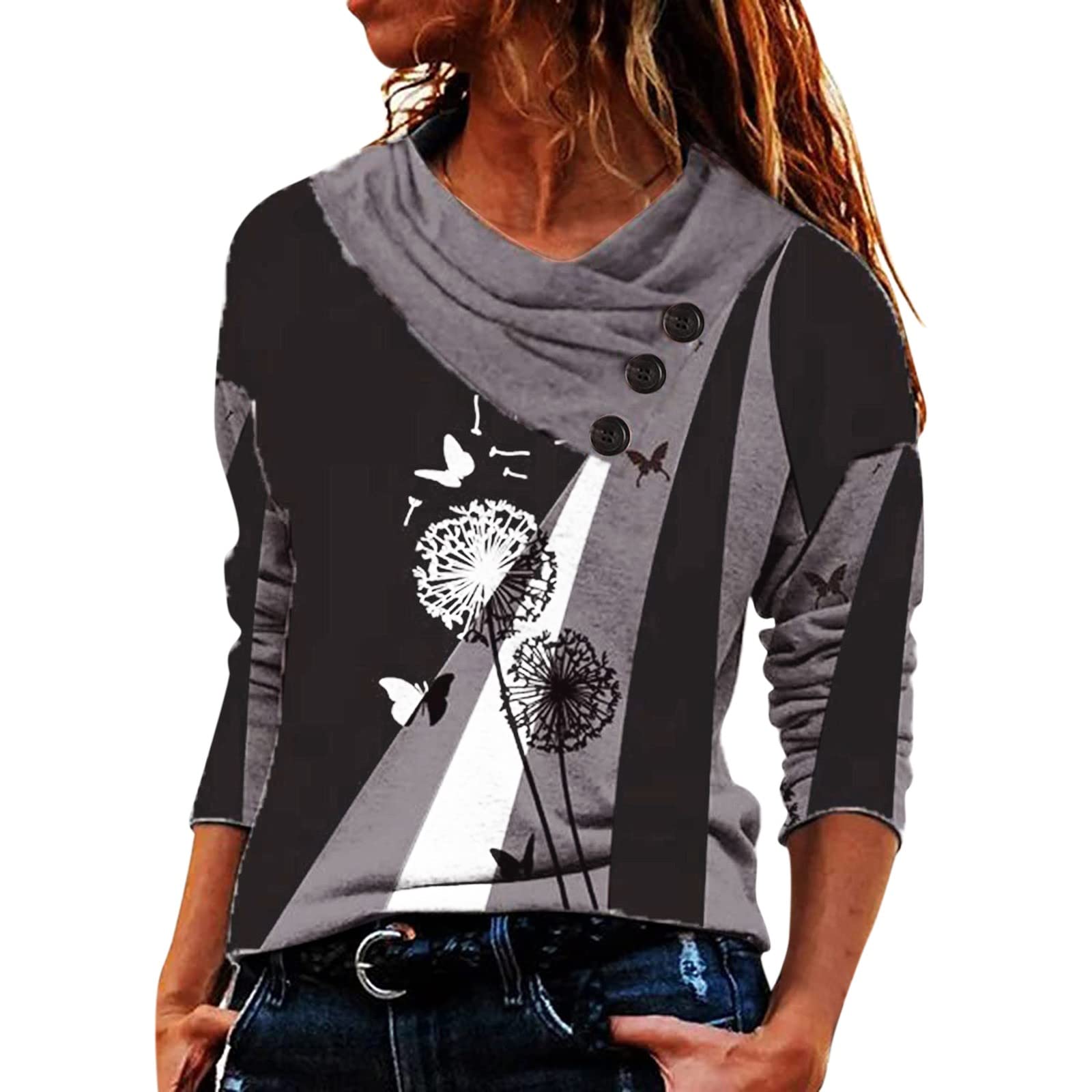 Women's Long Sleeve Cross Collar V-Neck Geometric Print Button-Up Blouse - Elegant Teacher Shirts & Casual Work Tops for Women | Perfect for Office, Classroom & Everyday Wear