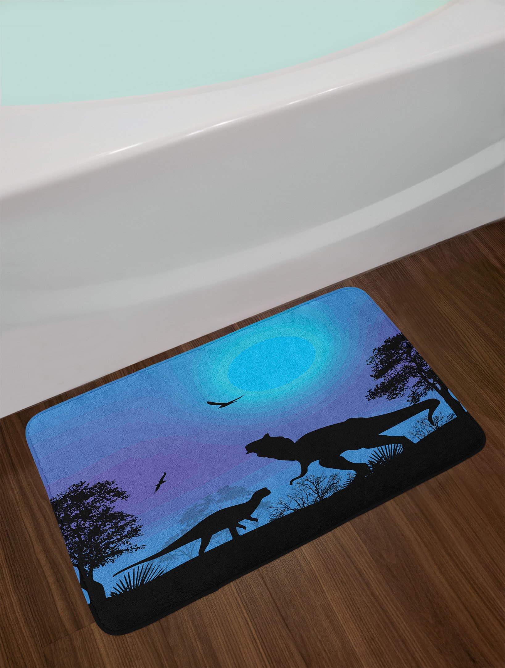 Dinosaur Bath Mat - Non-Slip Plush Bathroom Rug with Prehistoric Landscape Design, 30.2 x 20 Inches, Black Blue Lilac - Perfect for Kids' Bathroom Decor & Themed Dinosaur Nursery