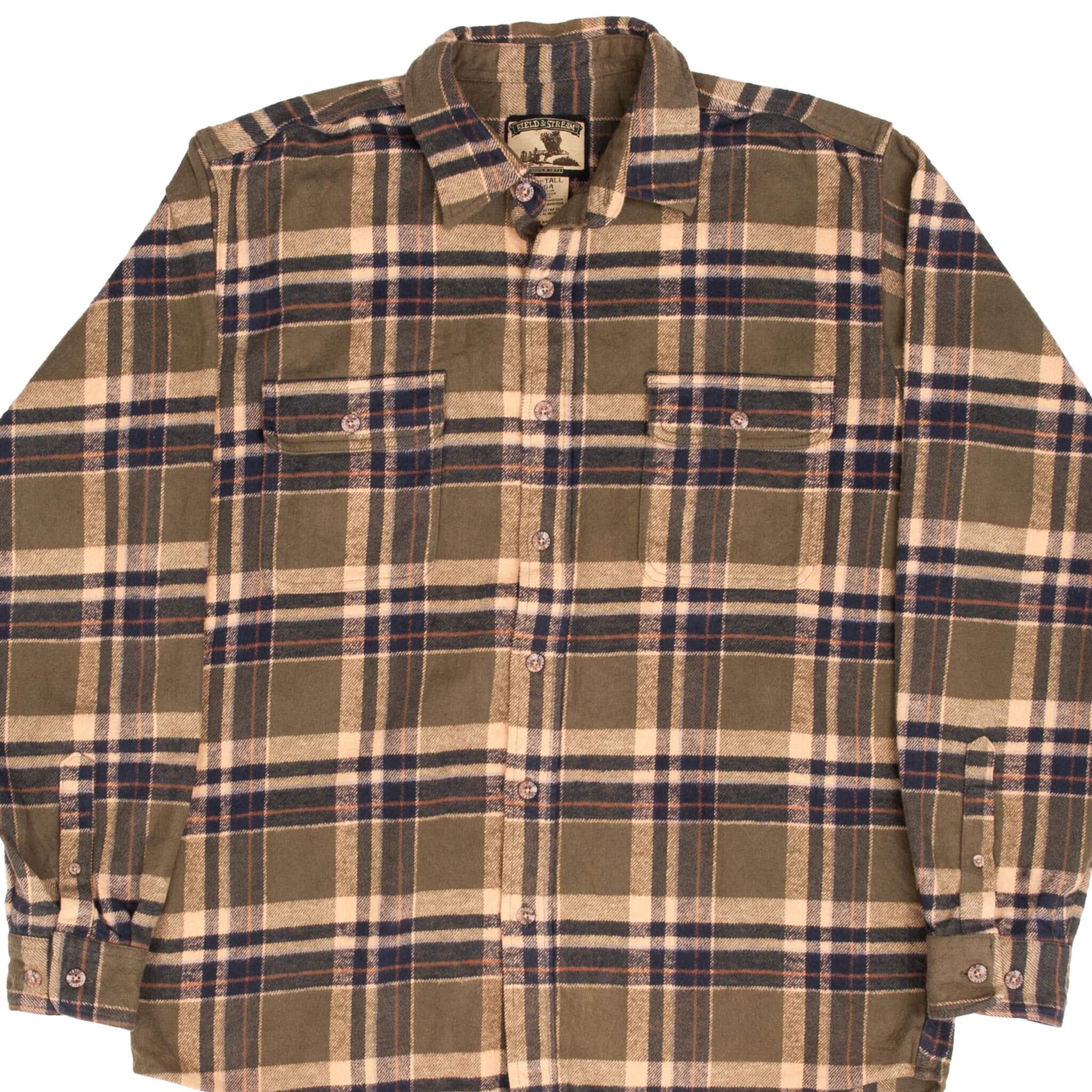 Vintage Field and Stream Green Check Plaid Flannel Shirt 1990s Size XL Tall - Classic Outdoor Hunting & Camping Shirt for Men