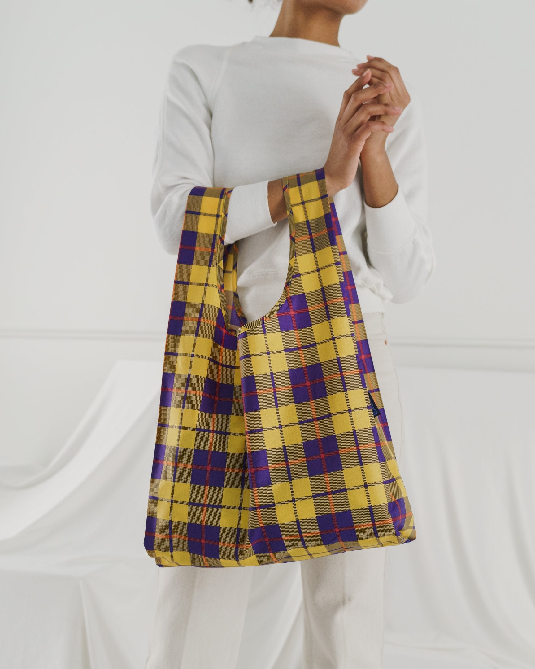 Baggu Standard Reusable Shopping Bag - Eco-Friendly Foldable Grocery Tote in Yellow Tartan Plaid for Groceries, Beach, and Travel