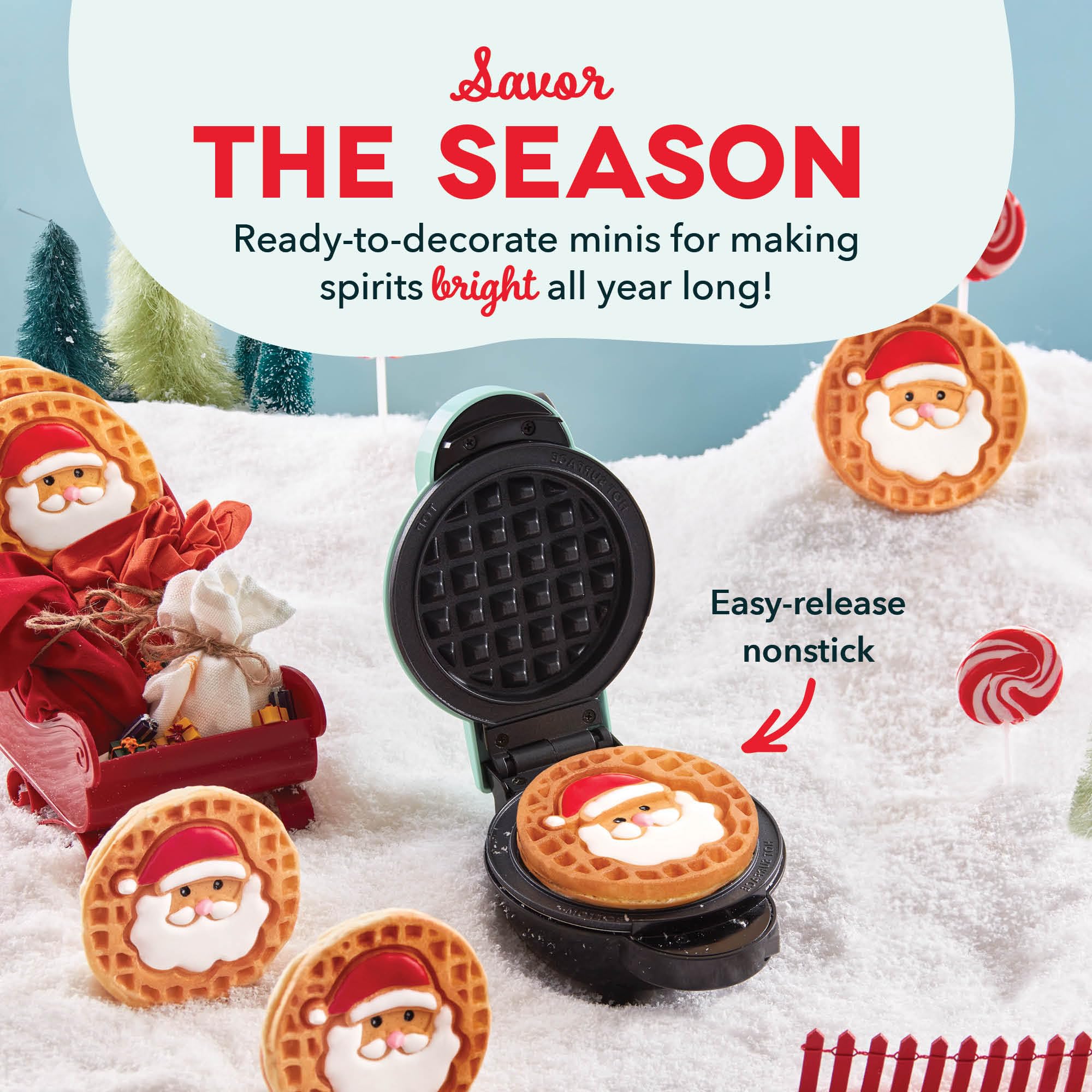 DASH Holiday Mini Waffle Maker with 6 Removable Plates - 4-in-1 Waffle Iron & Griddle for Kids & Families - Nonstick Santa Waffle Maker (Red) - Perfect for Christmas Breakfast, Family Gatherings & Holiday Parties
