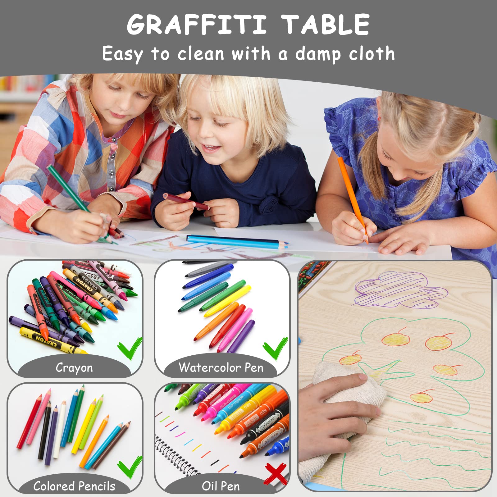 Arlopu Adjustable Height Kids Table and 4 Chair Set - Non-Slip Toddler Activity Table with Graffiti-Proof Desktop - Perfect for Reading, Arts & Crafts, Daycare, Classroom and Home Use (Grey)