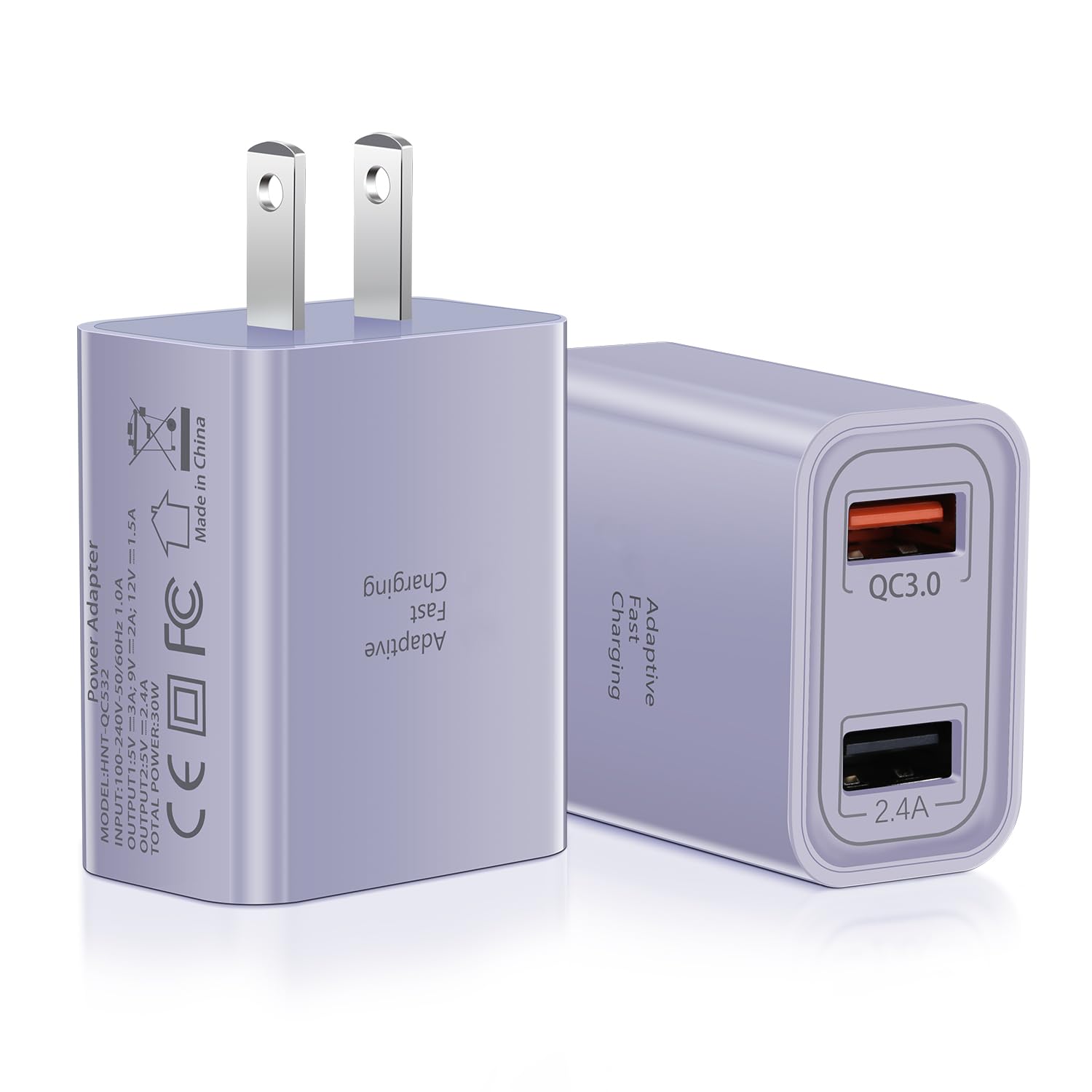 Pofesun 30W Dual-Port USB Wall Charger with QC3.0 Fast Charging - 2 Pack Purple Power Adapter for iPhone 15/14/13/12/11 Pro Max/XS/XR/8, iPad, Samsung Galaxy & Google Pixel - Perfect for Home, Office & Travel Charging