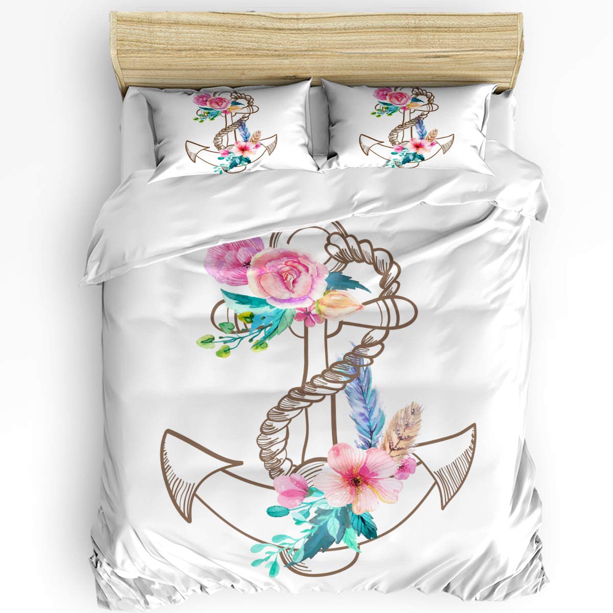 CHARMHOME Queen Size Duvet Cover Set - Watercolor Anchor & Floral Design, 3-Piece Soft Breathable Bedding with Zipper Closure for Men & Women | Perfect for Coastal, Nautical or Boho Chic Bedroom Decor