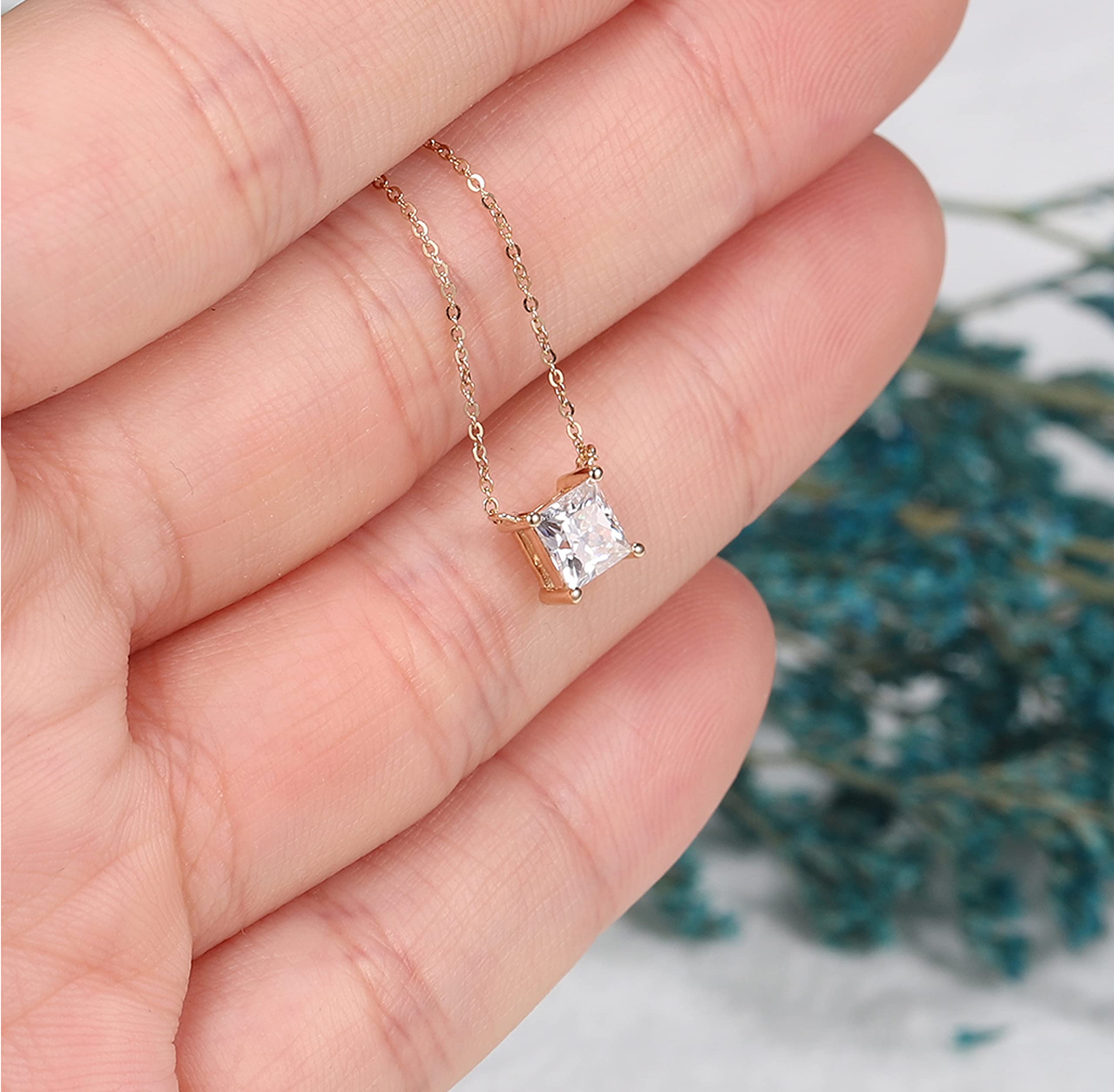 14K Gold Princess Cut Moissanite Pendant Necklace - 16.5