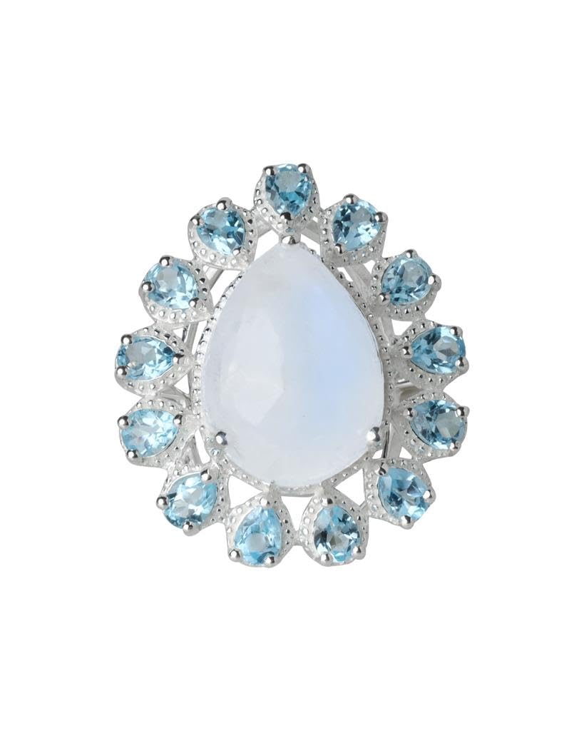 YoTreasure 925 Sterling Silver Pear Shaped Gemstone Engagement Ring for Women - Larimar, Turquoise, Moonstone, Blue Topaz, Rose Quartz & Rhodolite Garnet | Perfect for Weddings, Anniversaries & Special Occasions