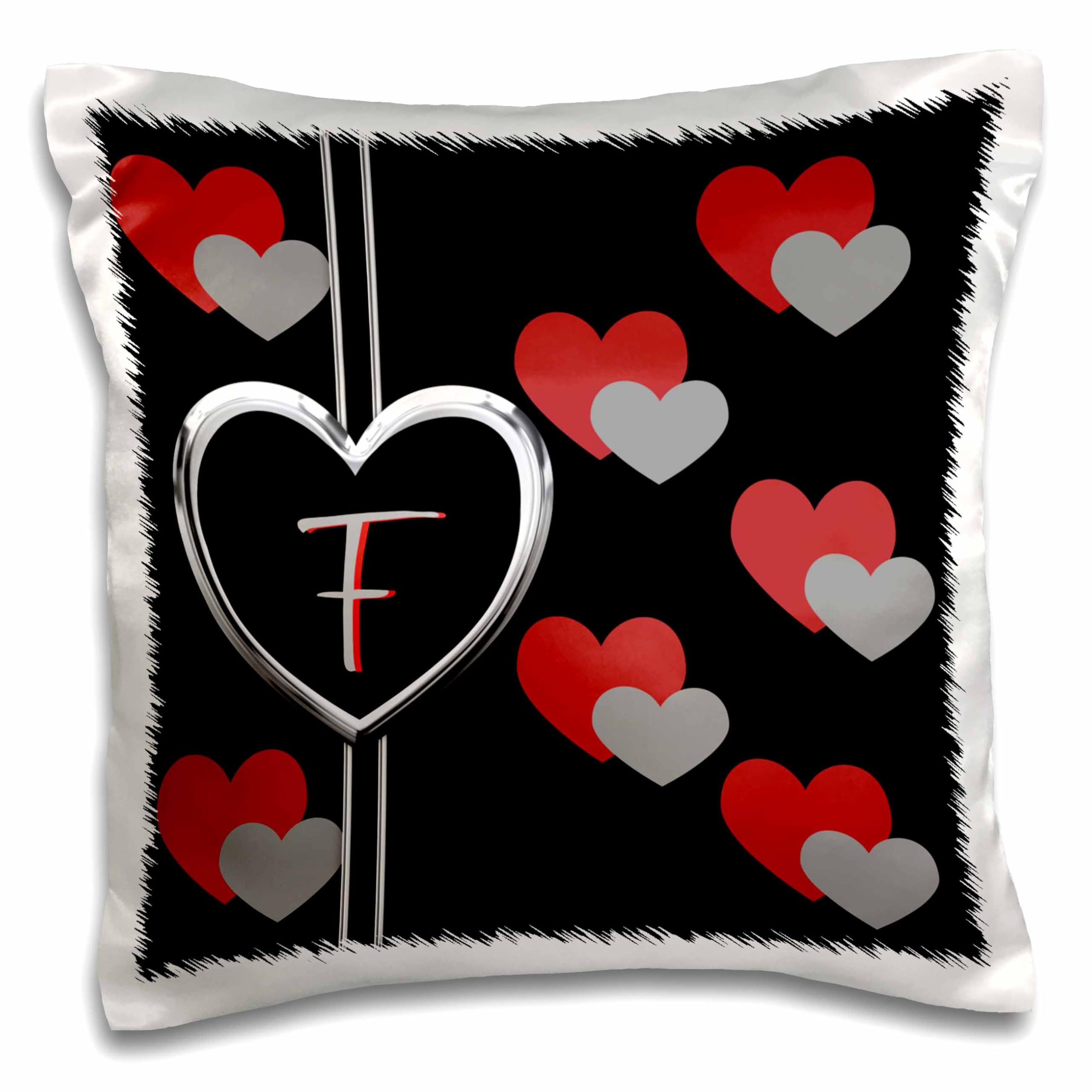 3D Rose Modern Geometric Black Red Grey Hearts Pattern Monogram Letter F Pillow Cover - 16x16 Inch Decorative Throw Pillow Case for Sofa, Bed, Couch - Home Decor Accent for Living Room, Bedroom, Dorm