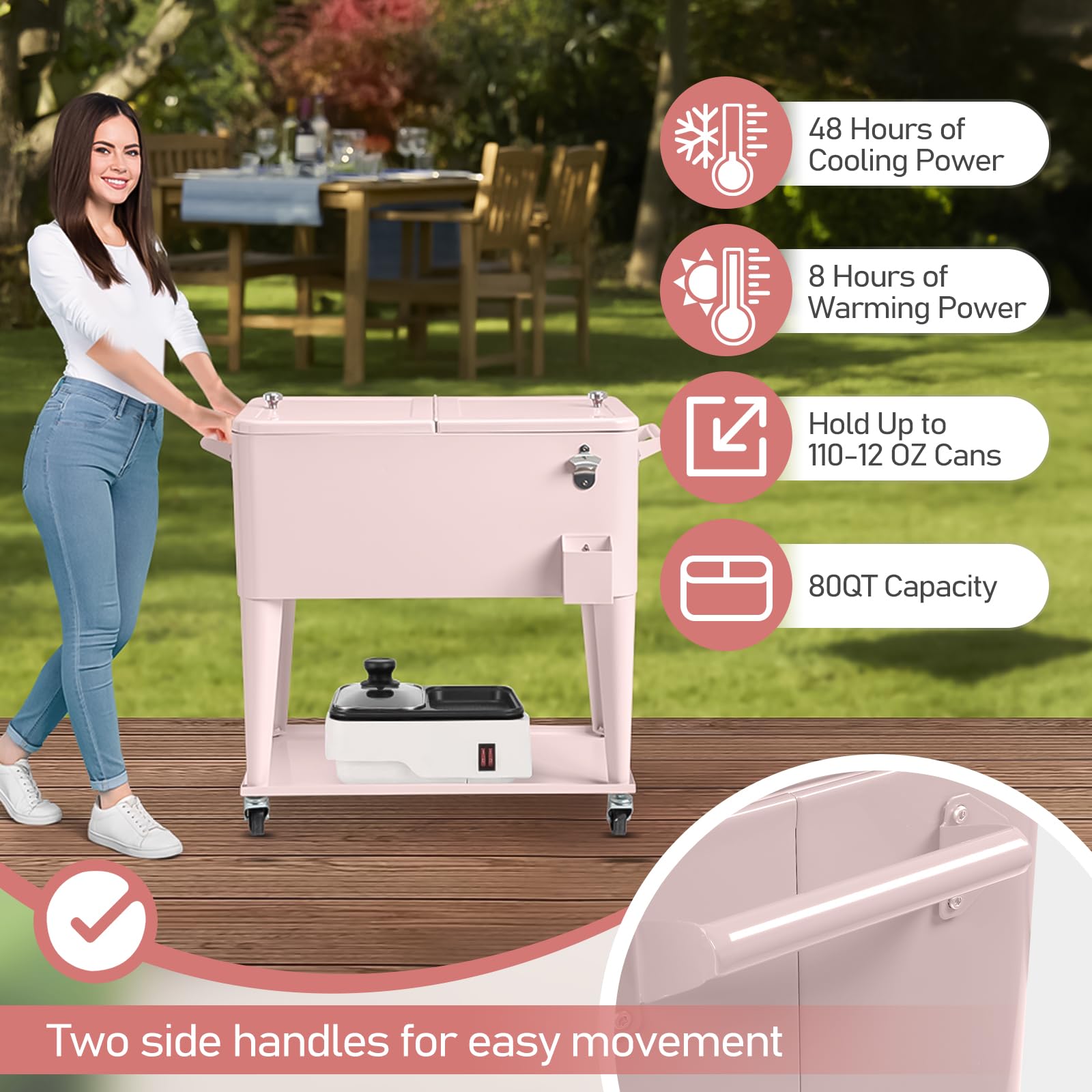 Outvita 80 Quart Rolling Ice Chest Cooler - Portable Wheeled Drink Cooler with Catch Basin, Bottom Storage Tray & Bottle Opener - Perfect for Outdoor Parties, BBQ, Beach Trips & Camping Adventures