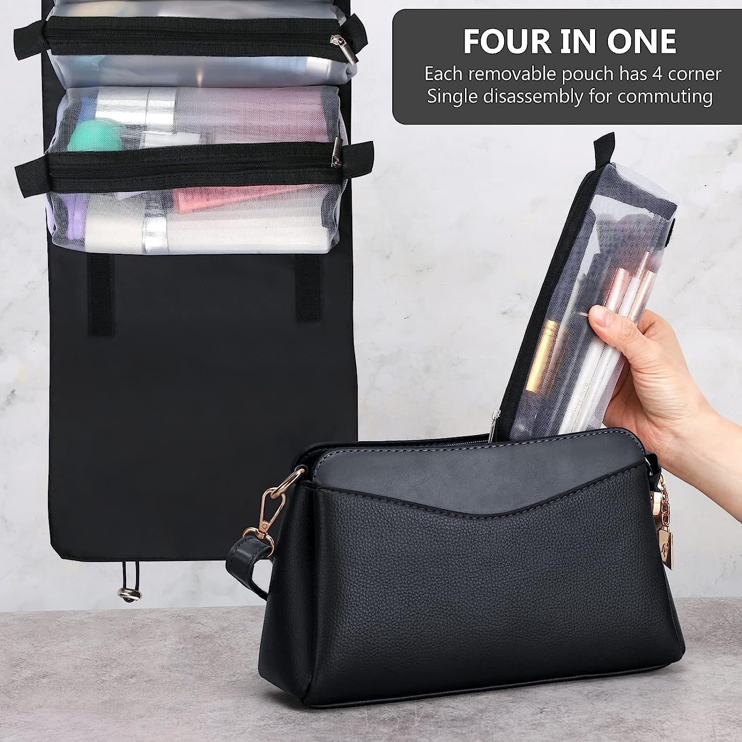 Glowick Foldable Hanging Toiletry Bag - Waterproof Cosmetic & Jewelry Storage Organizer for Travel, Bathroom, Makeup Accessories - Portable 4-in-1 Pouch for Women & Men (1pc) - Perfect for Camping, Gym, Beach Trips & Daily Use