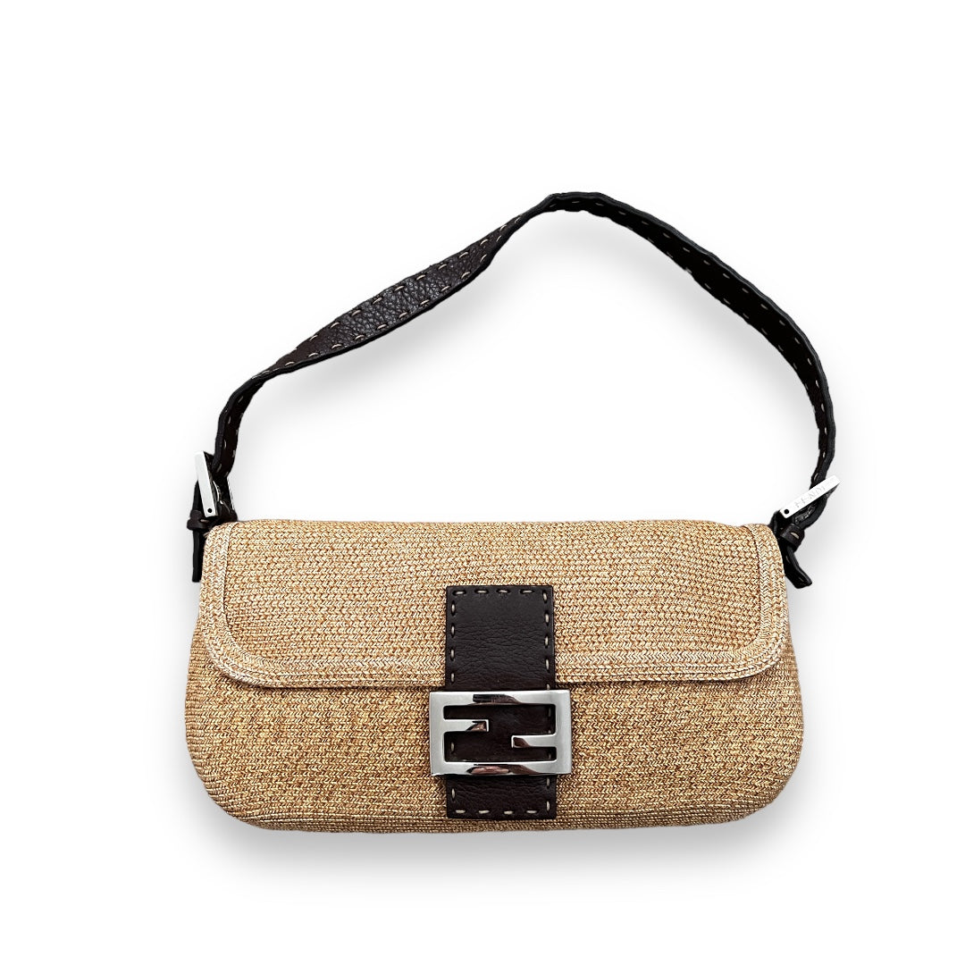Vintage Raffia Leather Trimmed Selleria Baguette Handbag - Stylish Crossbody Purse for Women, Perfect for Casual Outings, Beach Trips & Summer Fashion