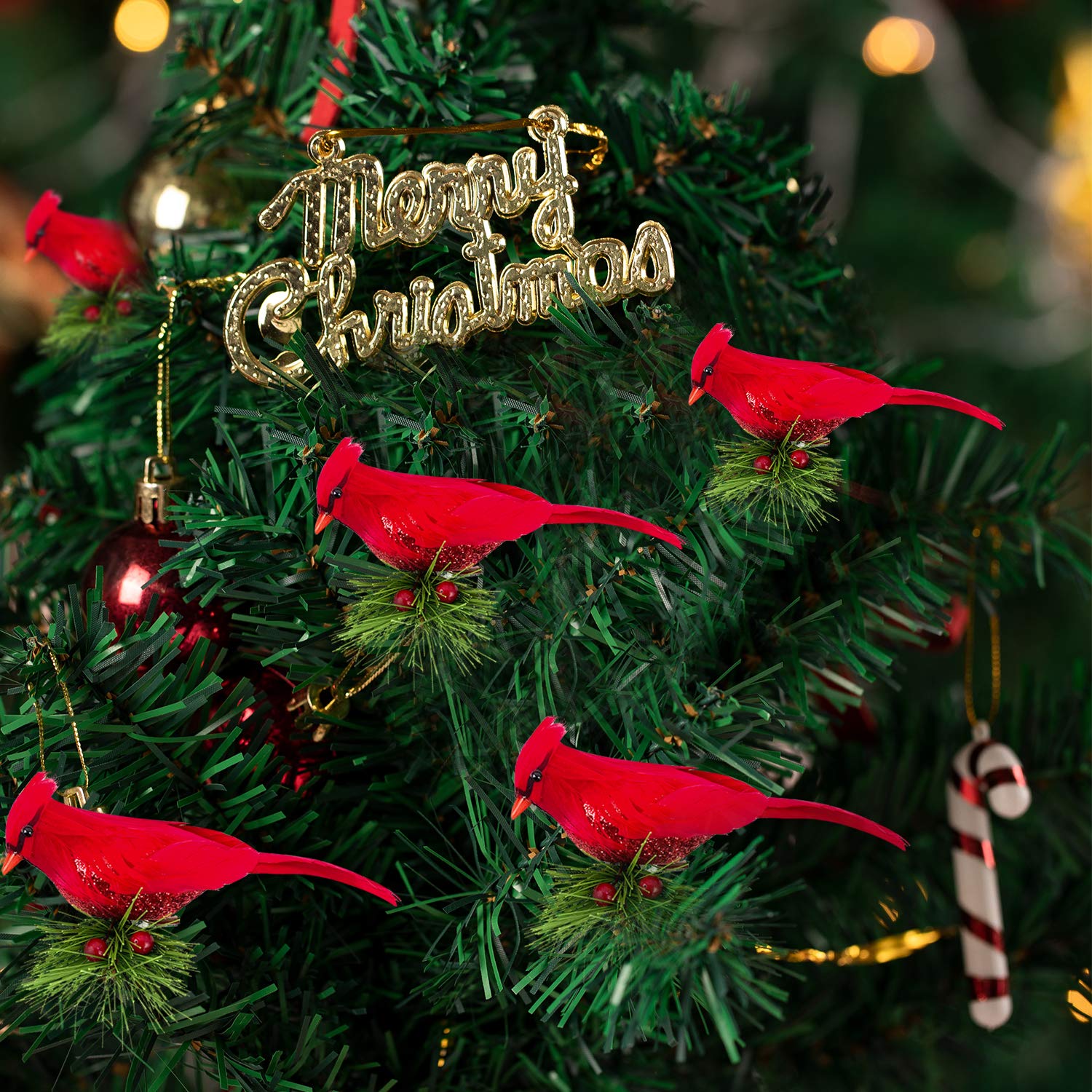 Realistic Artificial Red Cardinal Birds with Clip - Feathered Christmas Tree Ornaments for Holiday Decor, Pine Branch Crafts, and Festive Home Decoration | Perfect for Christmas Trees, Wreaths, and DIY Arts & Crafts Projects
