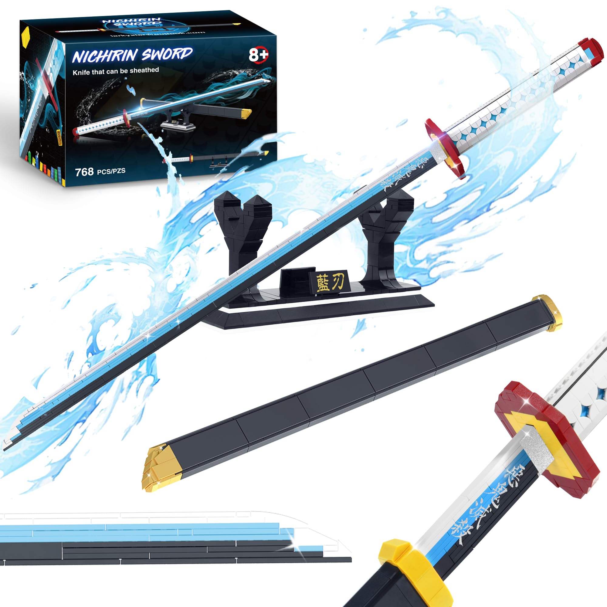 Jorumo Demon Slayer Anime Katana Sword - 39in Tomioka Giyuu Building Block Set with Scabbard & Stand (768 Pcs) - Compatible with Lego for Adults & Kids - Perfect for Anime Fans, Cosplay, and Collectors