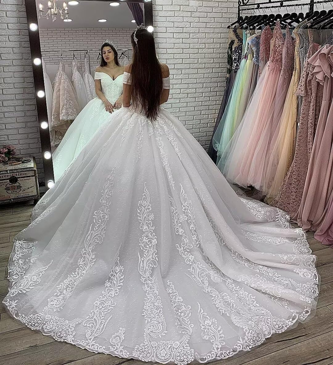 Elegant Off Shoulder Lace Wedding Dress for Bride – A-Line Princess Ball Gown with Appliques | Perfect for Church Ceremony, Beach Wedding & Formal Reception