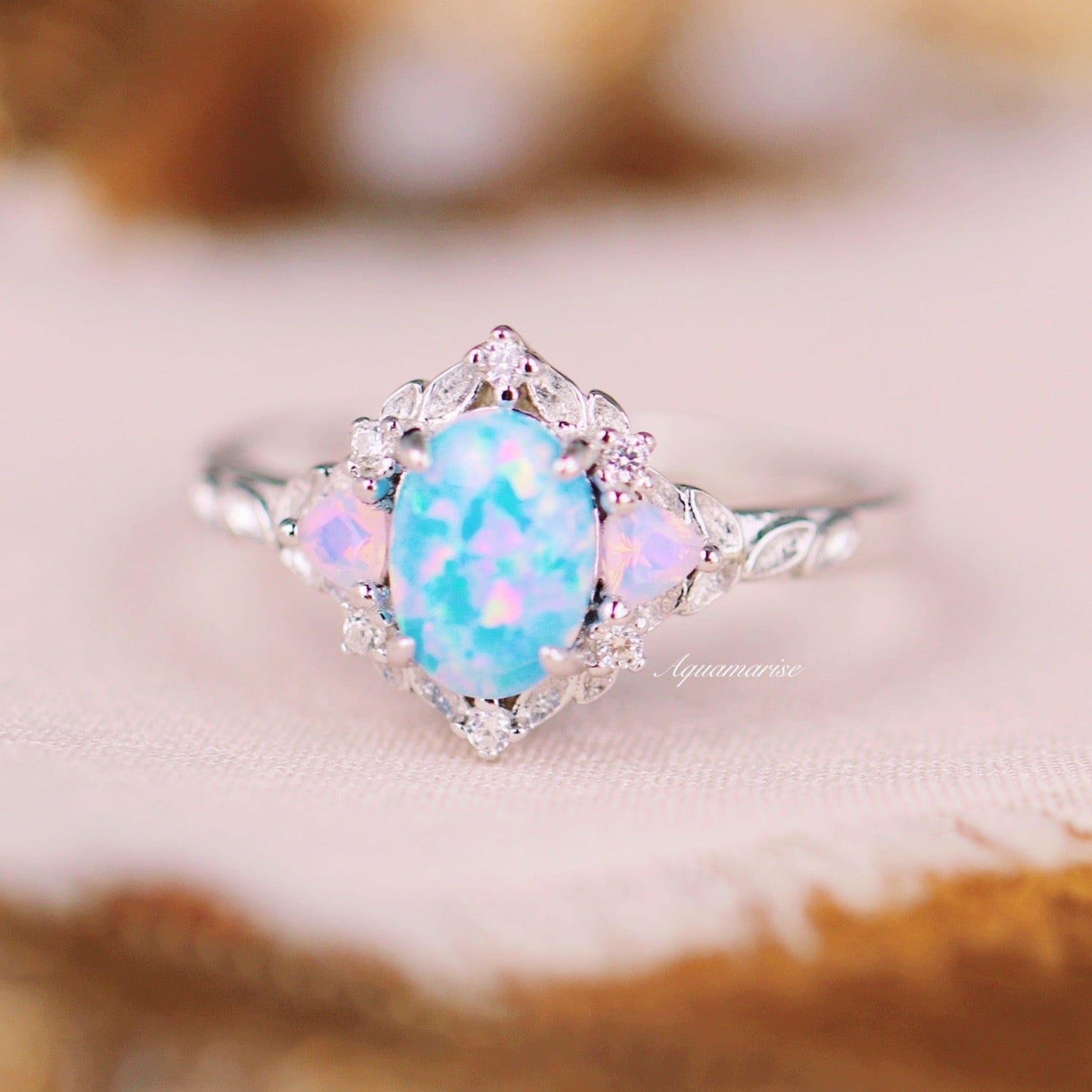 Blue Fire Opal & Opalescent Sapphire Leaf Fairy Ring - 925 Sterling Silver Jewelry for Women - Perfect for Weddings, Parties & Special Occasions
