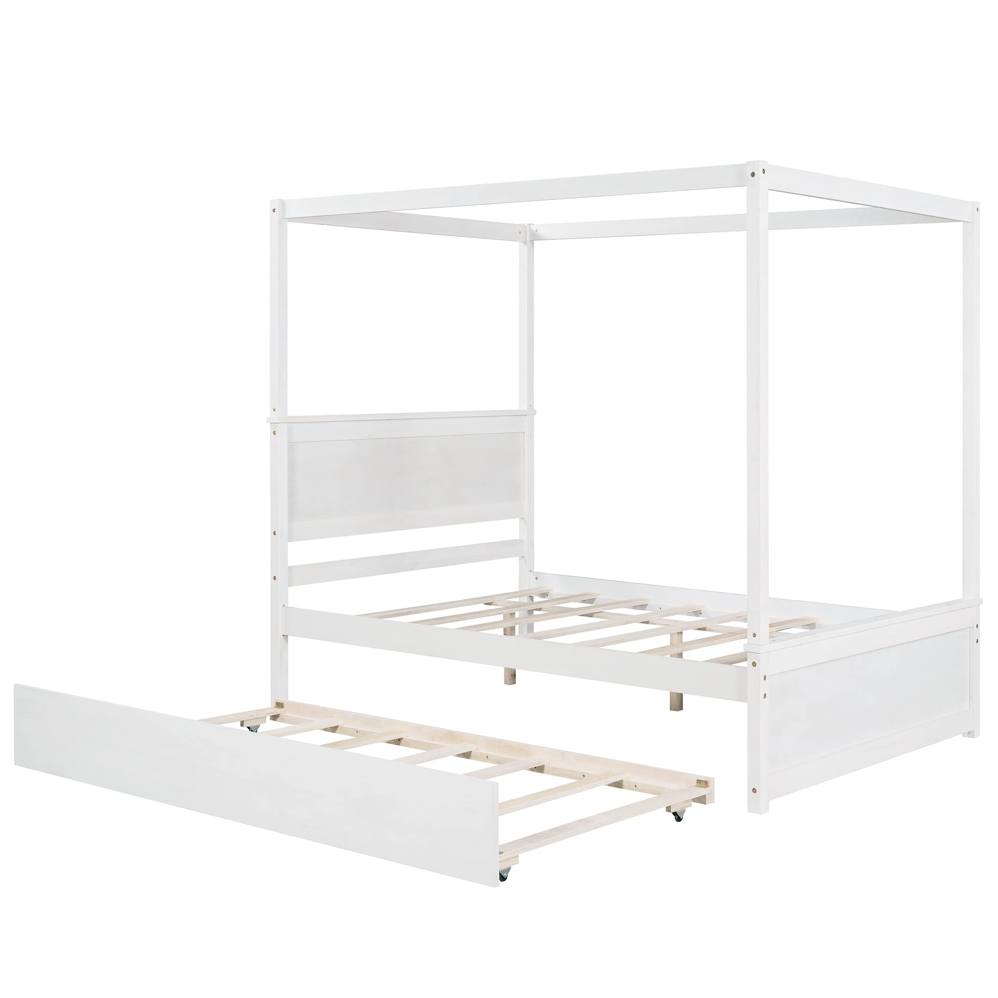 SOFTSEA Full Size Canopy Bed Frame with Trundle - Solid Wood Platform Bed with Headboard, No Box Spring Needed, White - Perfect for Guest Rooms, Master Bedrooms & Small Spaces