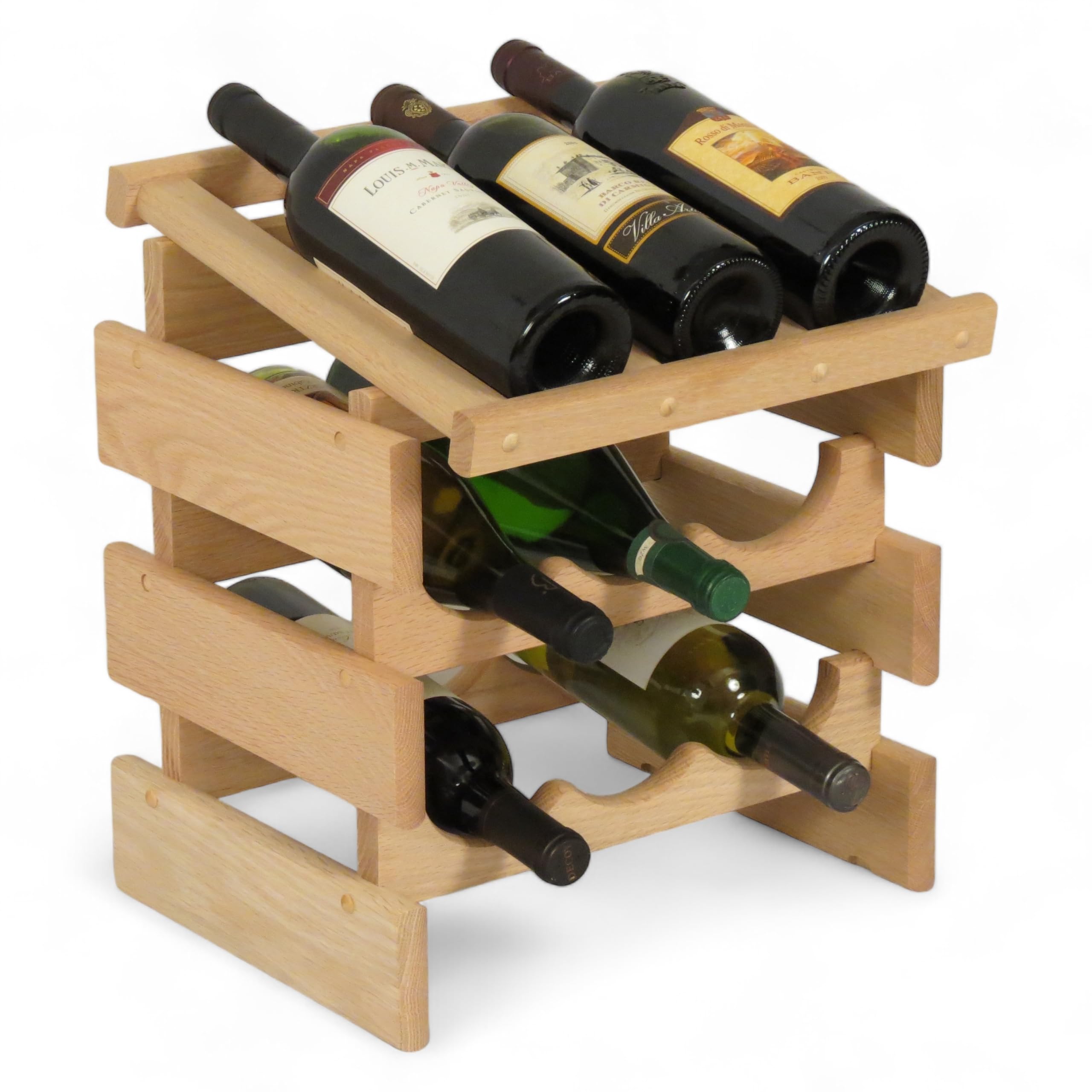 9-Bottle Wooden Wine Rack Display - Unfinished Dakota Style for Home Bar, Kitchen, or Dining Room Decor - Perfect for Wine Storage and Organization