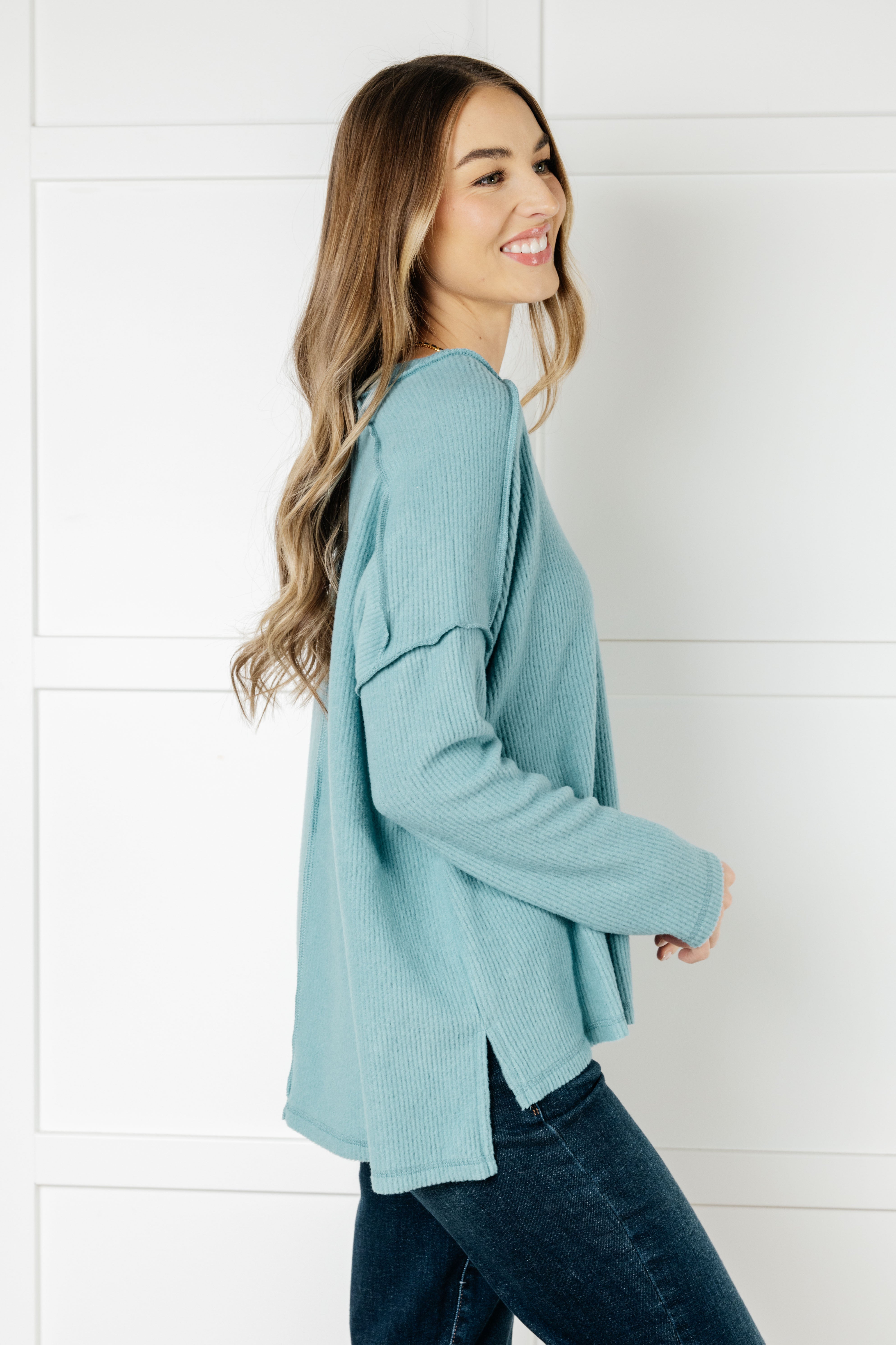 Soft Brushed Hacci Sweater Top in Dusty Teal | Cozy Winter Pullover for Women | Perfect for Casual Outfits & Layering in Cold Weather