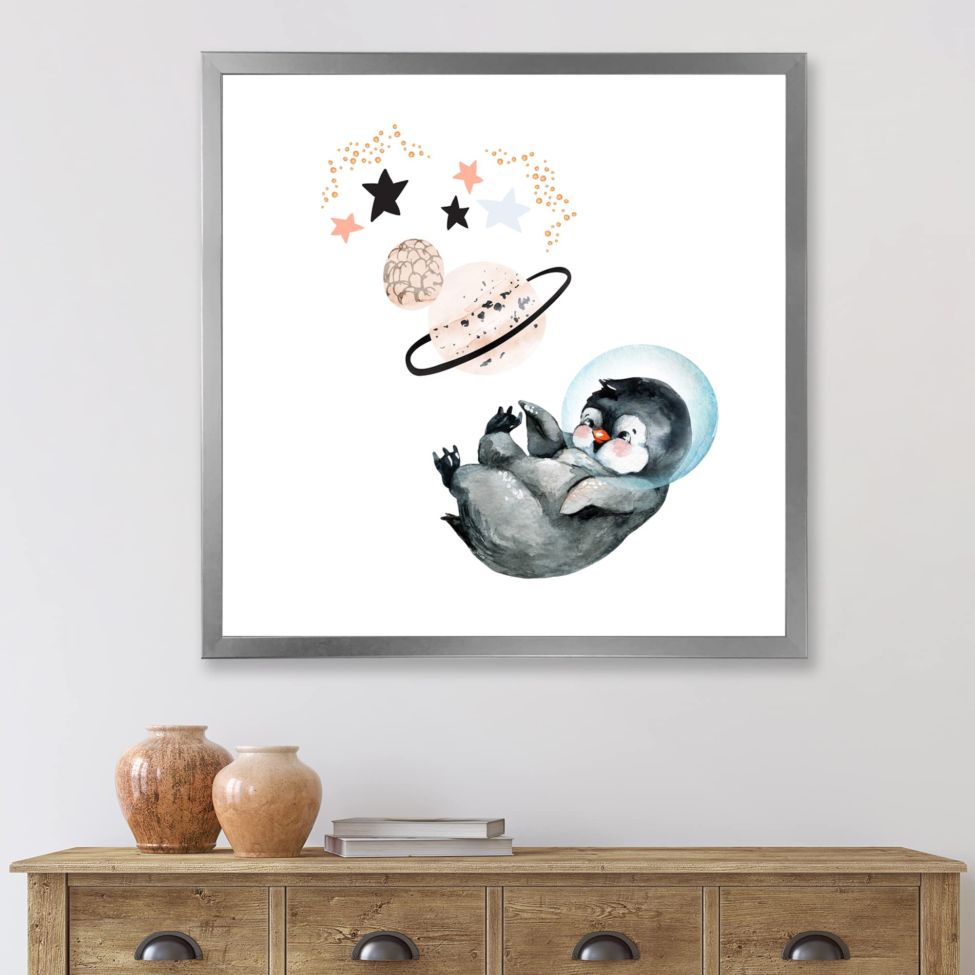 DesignQ Little Penguin with Stars and Planets - Farmhouse Framed Wall Art Decor for Nursery, Kids Room & Living Room
