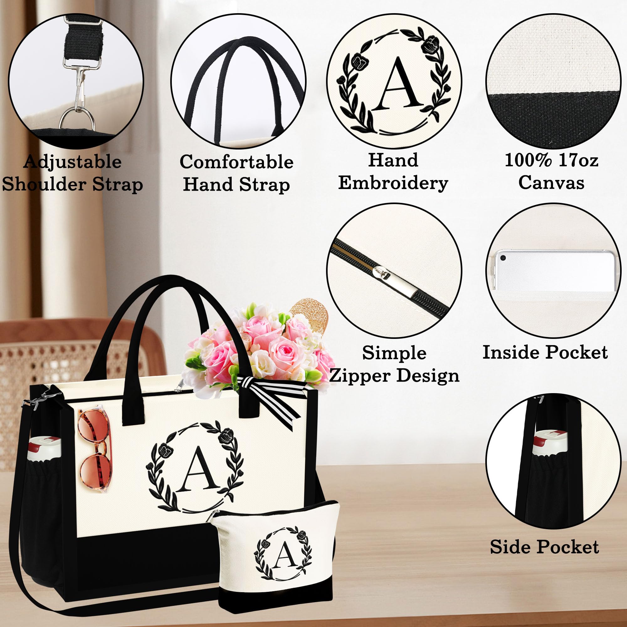 Personalized YOOLIFE Monogram Canvas Tote Bag - Waterproof Beach Bag, Makeup Organizer with Zipper - Great Mother's Day & Birthday Gift for Women (Perfect for Travel, Shopping & Daily Use)