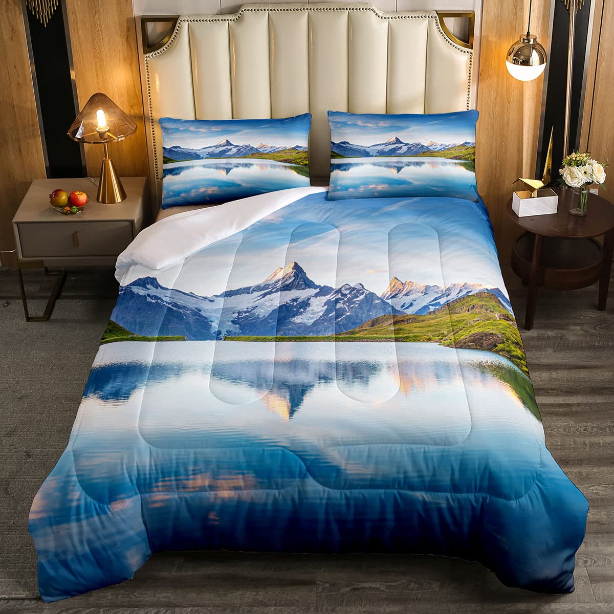 Snow Mountain Comforter Set - Queen Size Rustic Country Style Down Comforter with 2 Pillowcases | Natural Scenery Bedding for Boys & Girls | Perfect for Cozy Cabin Retreats & Farmhouse Bedroom Decor
