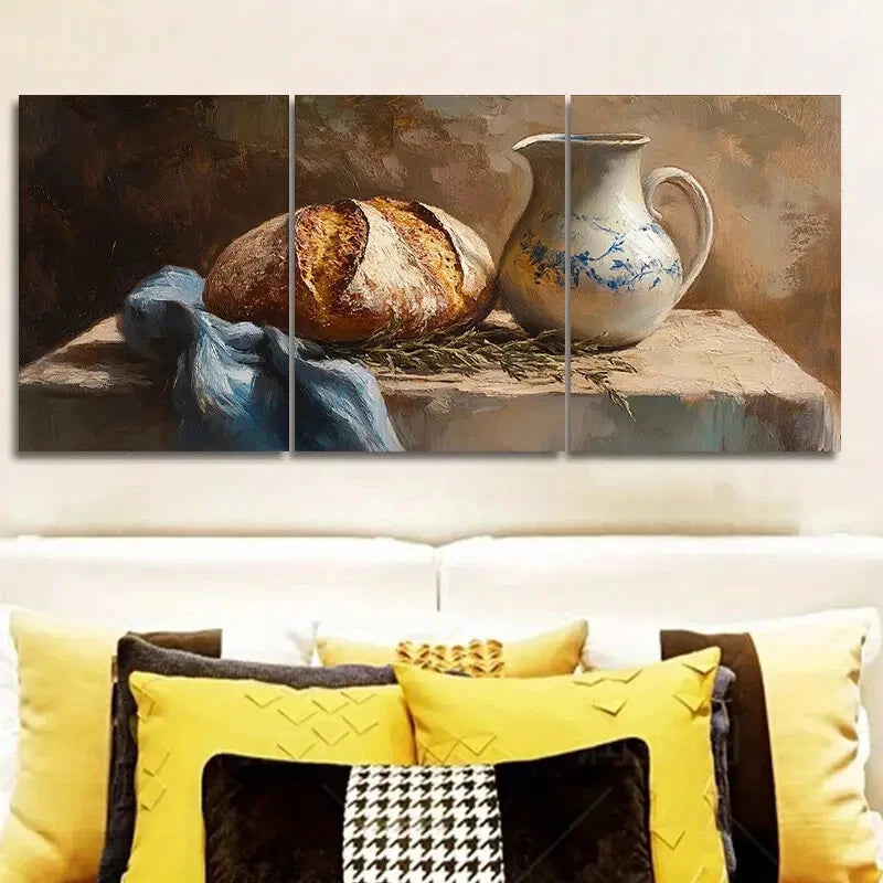 3-Piece Metal Print Wall Art - Still Life of Bread and Kettle - Ready to Hang - Perfect for Kitchen, Dining Room & Home Decor