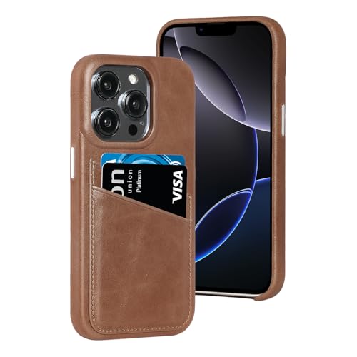 Premium Genuine Leather Wallet Case for iPhone 13 Pro - RFID Blocking Credit Card Holder (2 Slots) with Metal Button Bumper & Shockproof Protection - Dark Brown Leather Phone Purse for Women & Men - Perfect for Travel, Work & Everyday Use