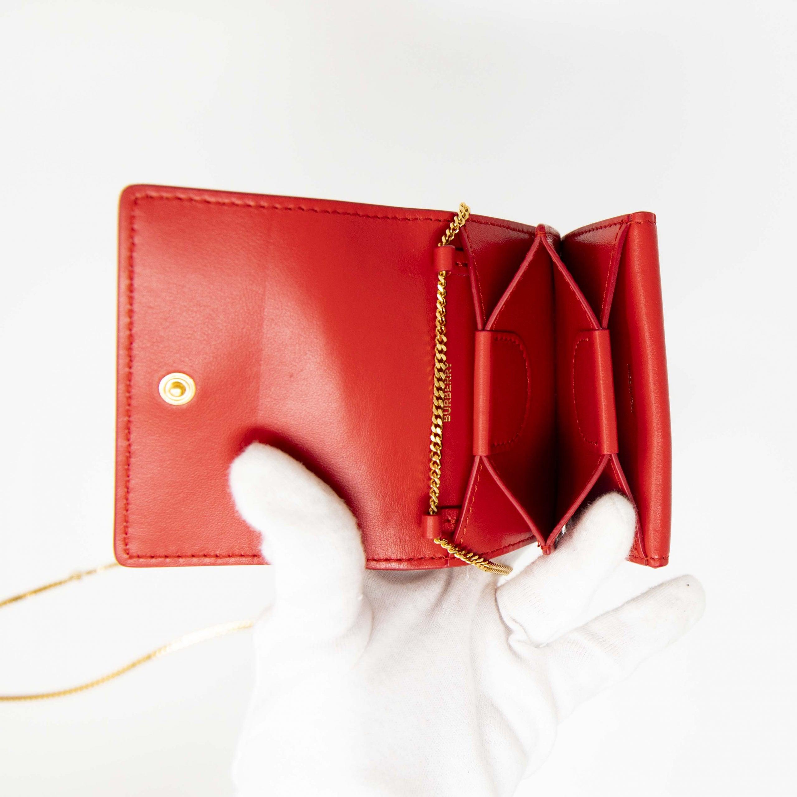 Burberry Red Leather Card Holder with Chain - Stylish & Compact Wallet for Women - Perfect for Parties, Travel & Everyday Use