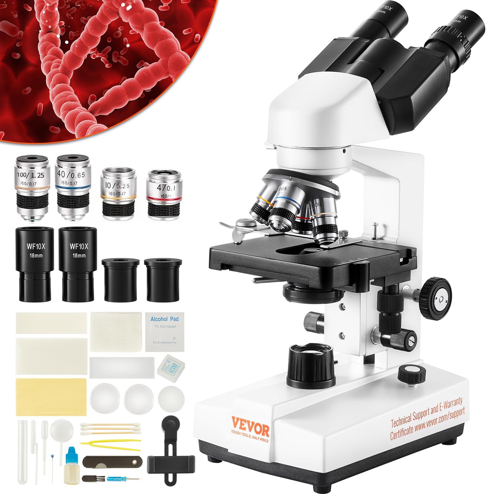 VEVOR Binocular Compound Microscope 40X-2500X Magnification, Professional Lab Microscope with LED Illumination & Phone Adapter - Ideal for Students, Adults, Home & Laboratory Use in Biology, Science Education & Research