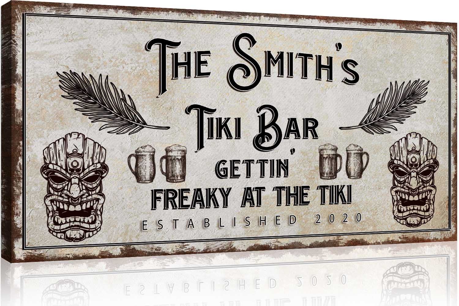 Custom Tiki Bar Sign - 60x30in Rustic Canvas Wall Art Decor for Man Cave, Outdoor, Hideout, Kitchen, Pub, Diner & Restaurant - Perfect for Tropical Themed Parties & Beach House Decor