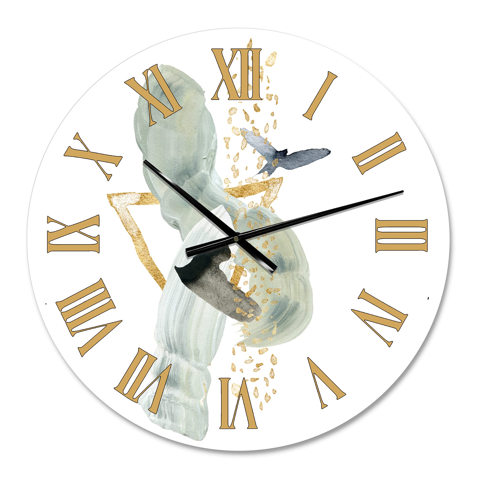 Abstract Golden Mountain with Moon & Bird Wall Clock - Modern Large Fractal Design for Living Room, Bedroom, Office Decor | Silent Non-Ticking Home & Office Wall Art