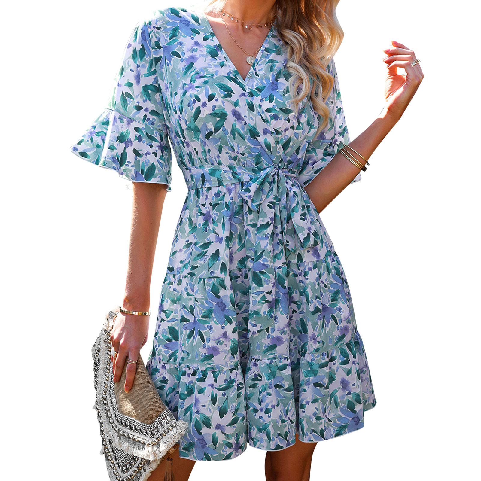GOTOTOP Women's Summer Sexy V-Neck Floral Print Short Sleeve Tunic Dress with Ruffle Sleeves & Hem - Casual Beach Dress for Vacation, Party & Date Night