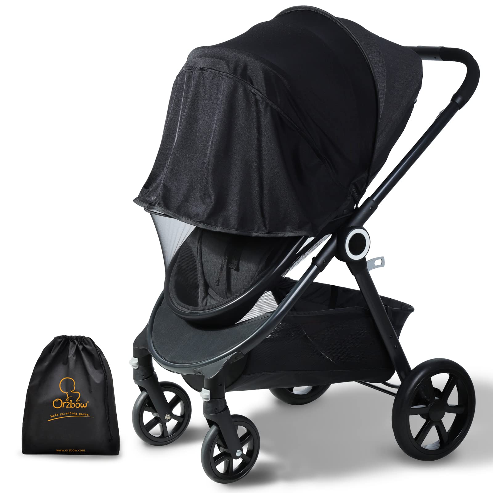 Orzbow 2-in-1 Baby Stroller Mosquito Net with UPF50+ Sun Protection - Breathable Infant Carrier Cover with Two-Way Zipper & Storage Bag - Fits Bassinet, Carrycot & Car Seat - Black - Perfect for Outdoor Walks, Park Visits & Travel