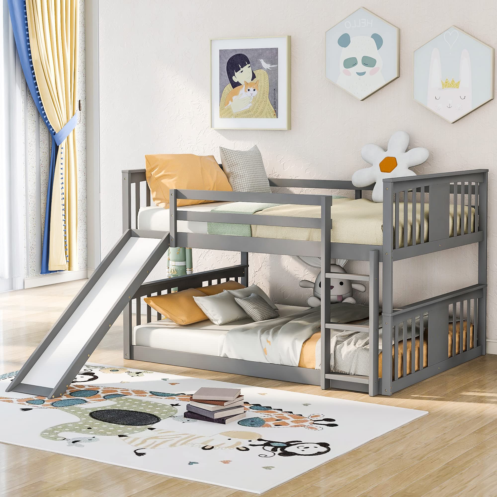 Full Over Full Bunk Bed with Slide and Ladder - Space-Saving Bunk Bed for Kids, Teens & Adults | No Box Spring Needed | Perfect for Small Bedrooms, Guest Rooms & Vacation Homes