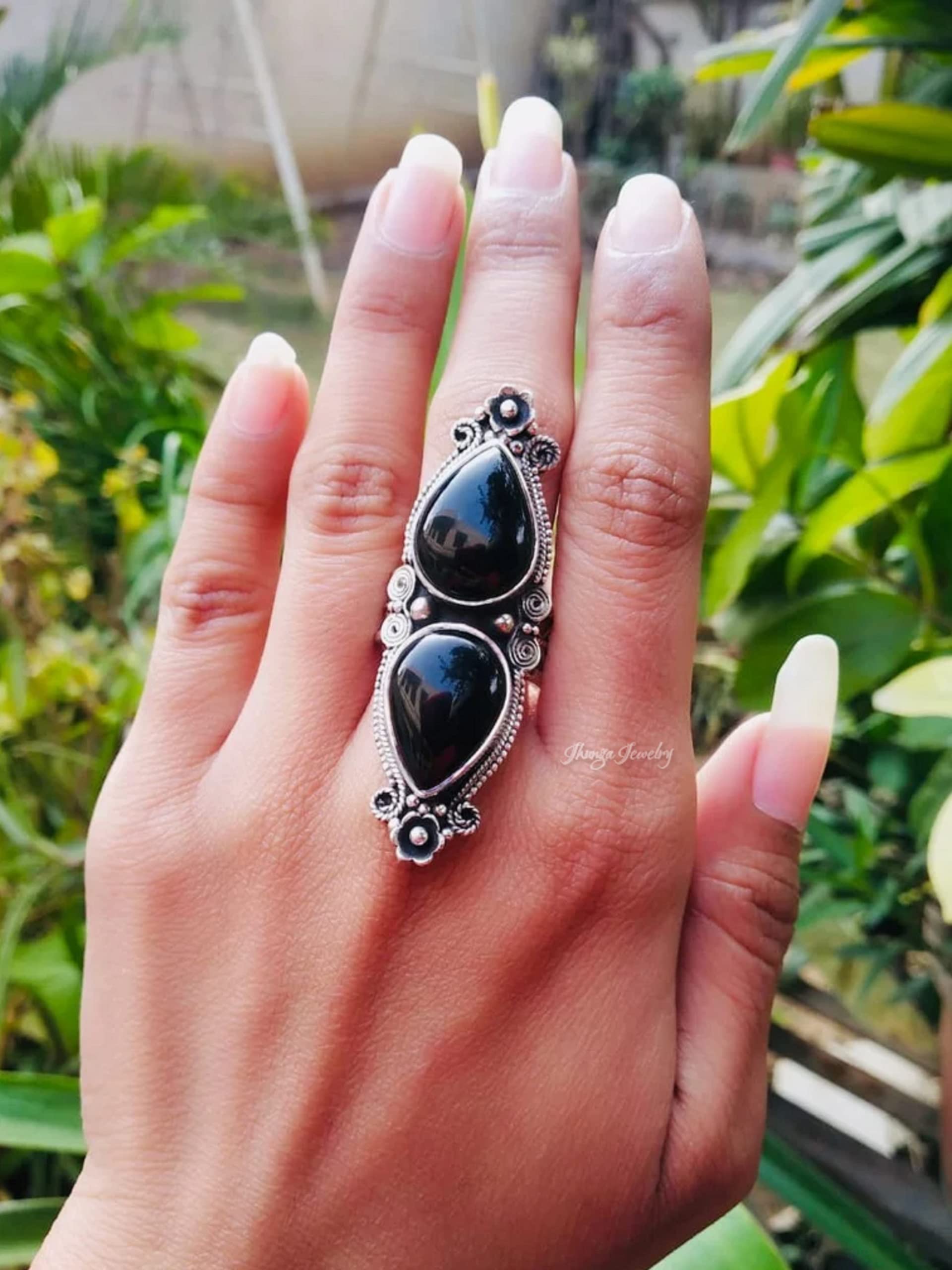 Black Onyx Ring - 925 Sterling Silver Handmade Boho Statement Ring | Artisan Designer Wedding Promise Ring | Vintage Pear Shape Onyx Silver Jewelry for Women - Perfect for Boho Chic, Evening Wear & Special Occasions