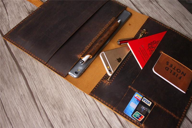 Premium Genuine Brown Leather iPad Pro 12.9 Case with Apple Pencil Holder - Custom Name Engraving - Perfect for Business Professionals & Students (2021-2024 Models)
