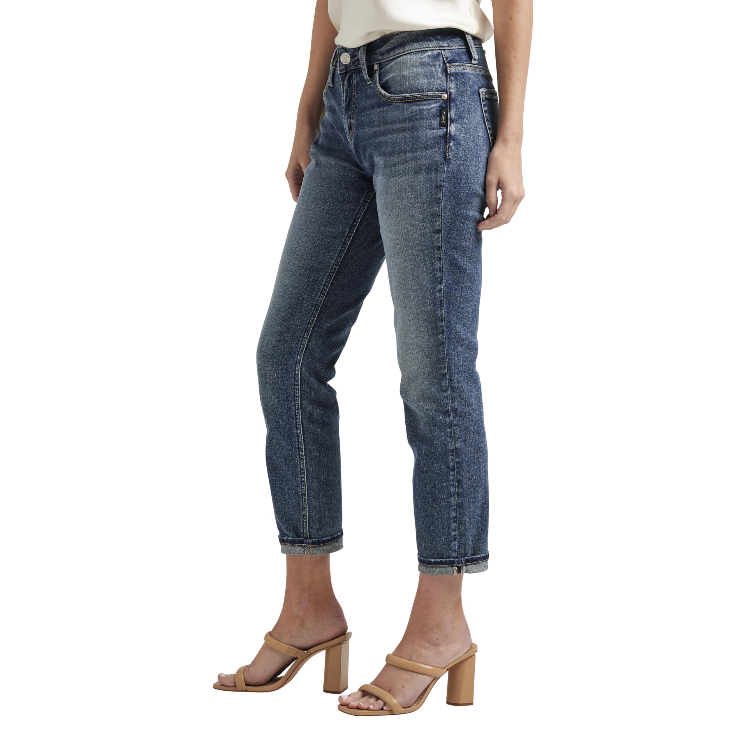 Silver Jeans Co. Women's Boyfriend Mid Rise Slim Leg Jeans - Comfortable Stretch Denim Pants for Casual Wear & Everyday Outfits