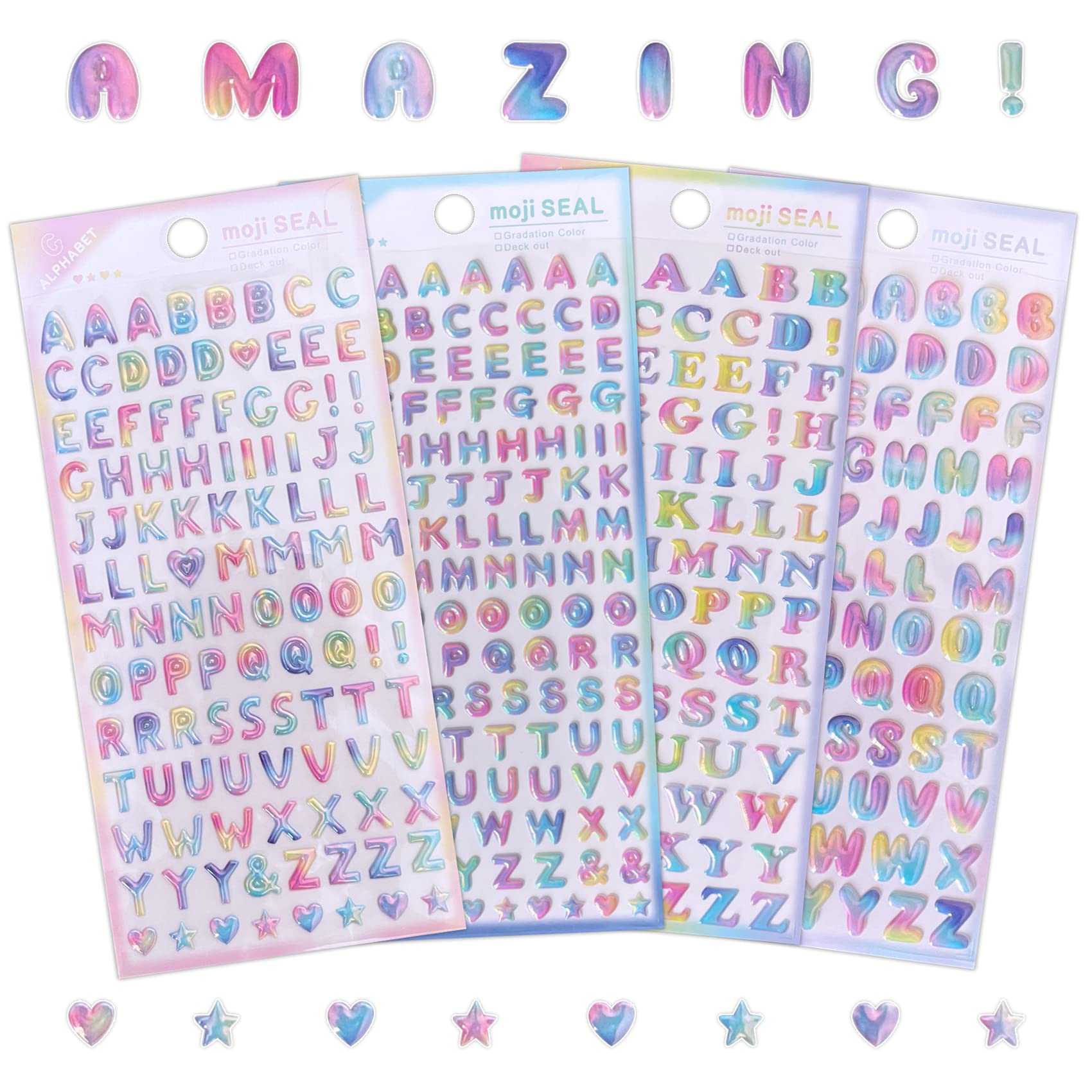 Colorful 3D Alphabet Letter Gold Foil Stickers - 4 Self-Adhesive Glitter Puffy Sticker Sheets for Scrapbooking, DIY Crafts, Journals, Planners - Perfect for Kids' Room Decor, School Projects & Gift Giving (Boys & Girls)