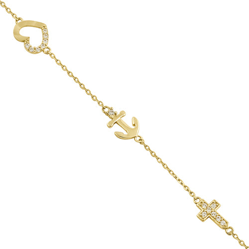 14K Yellow Gold CZ Heart Anchor Cross Charm Bracelet for Women - Dainty Layering Jewelry Gift for Birthday, Anniversary, Valentine's Day - Perfect for Everyday Wear & Special Occasions