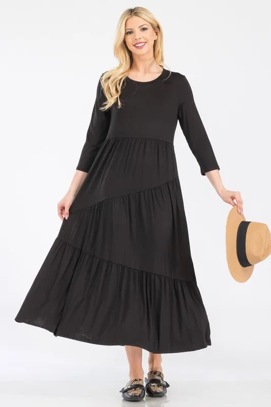 Celeste Plus Size Asymmetric Tiered Midi Dress - Flowy Women's Casual Summer Dress for Beach, Wedding & Special Occasions