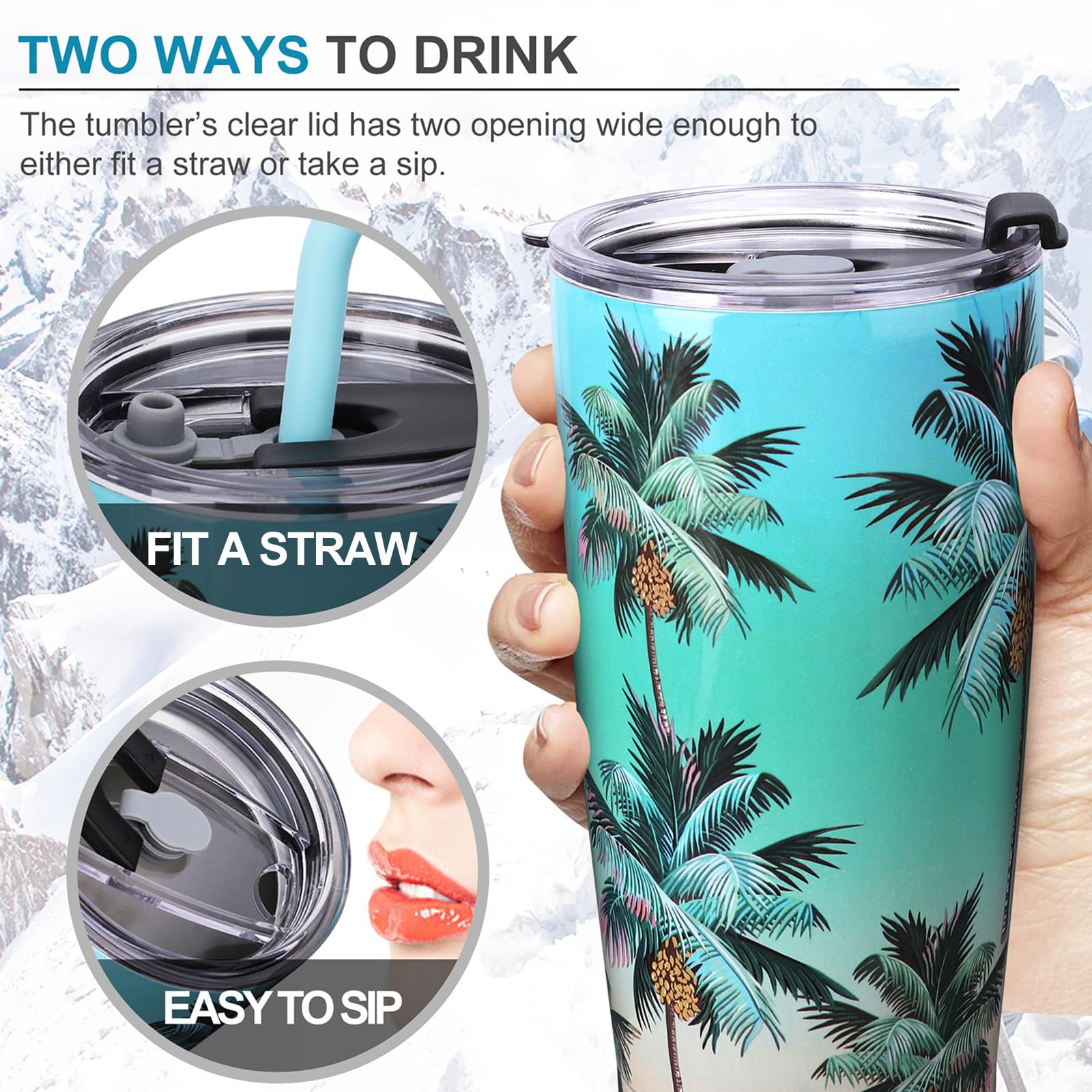 NymphFable 20oz Stainless Steel Insulated Tumbler with Straw & Lid - Double Wall Vacuum Palm Tree Design Travel Mug for Coffee, Iced Tea & Cold Drinks - Perfect for Beach, Poolside & Summer Outdoor Activities