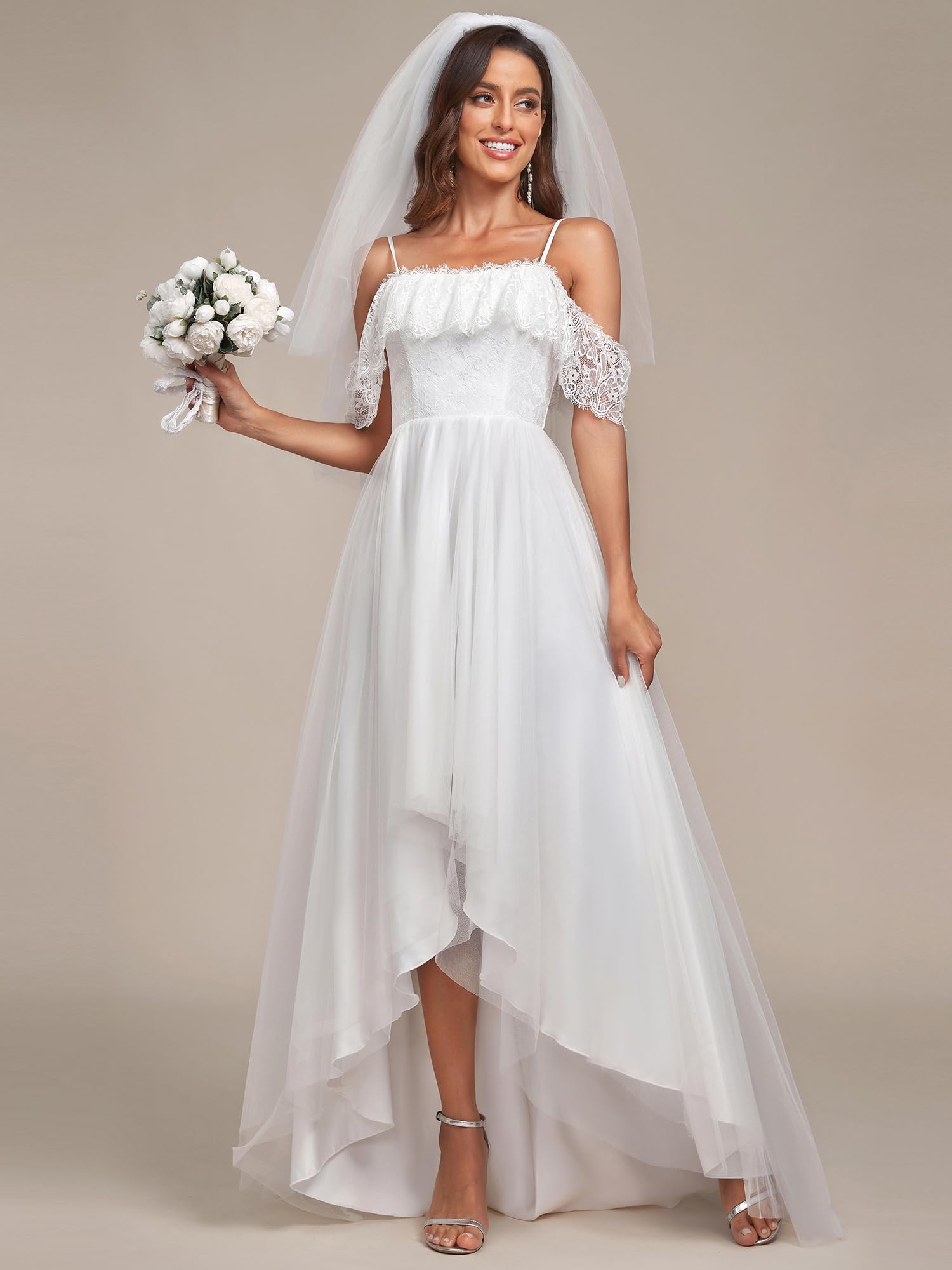 Ever-Pretty Women's A-Line Off Shoulder Wedding Dress with High-Low Hem & Spaghetti Straps - Elegant Lace Bridal Gown 90340 for Beach Weddings, Garden Ceremonies & Vow Renewals