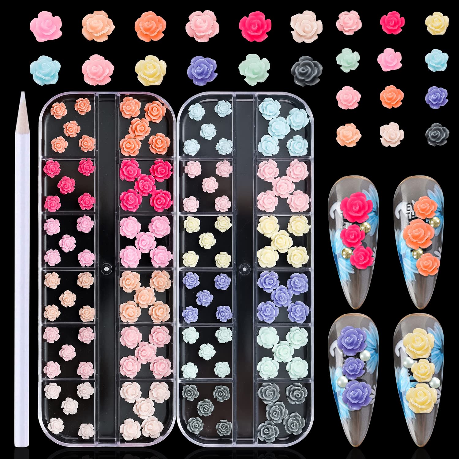 WOKOTO 2-Pack 3D Rose Flower Nail Charms - Acrylic Nail Art Decorations & Jewelry for DIY Manicure, Bridal, Party, and Salon Nail Designs
