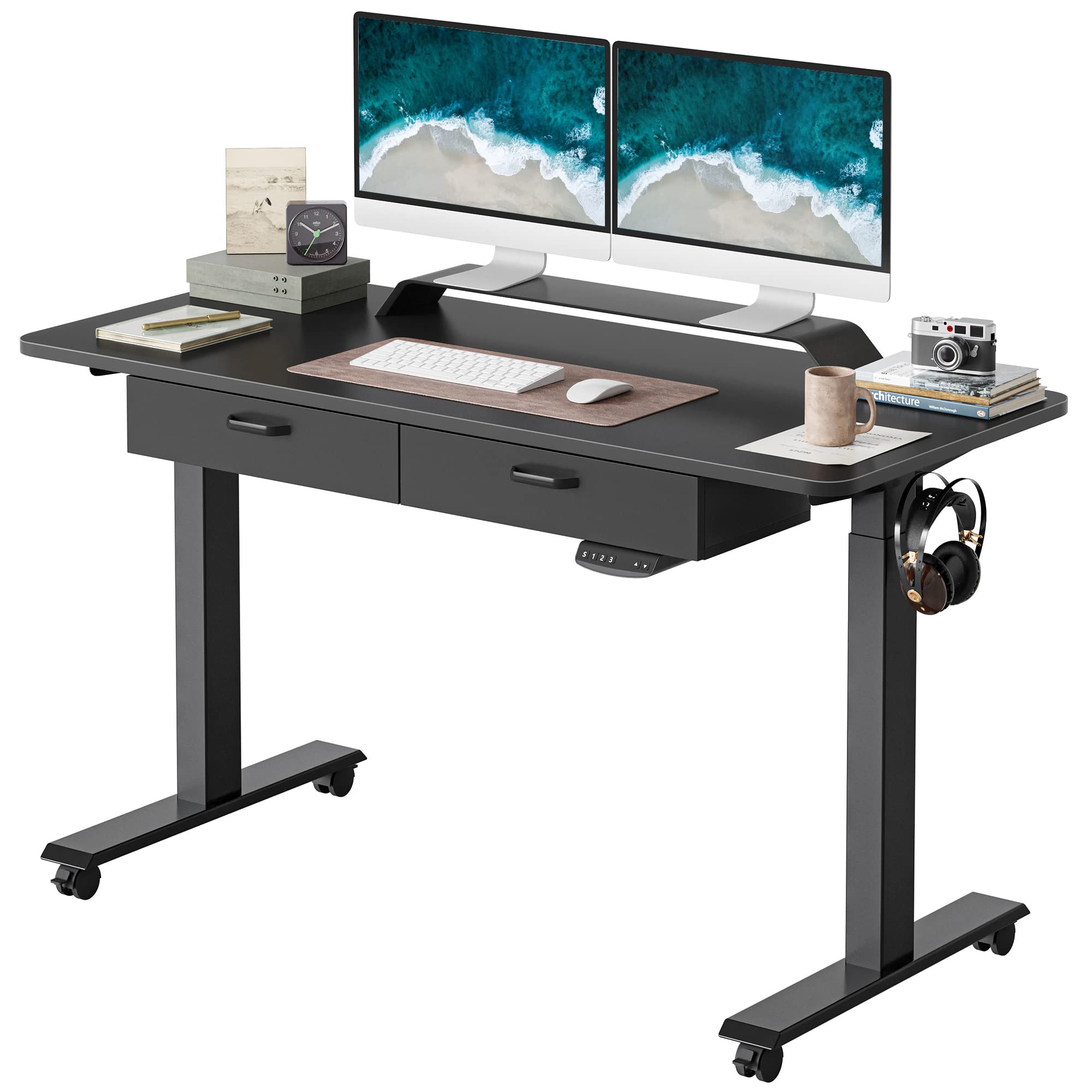 BANTI 55 Inch Adjustable Height Electric Standing Desk with Double Drawers - Black Frame & Black Top | Ergonomic Computer Workstation for Home Office | Perfect for Remote Work, Gaming & Study Spaces