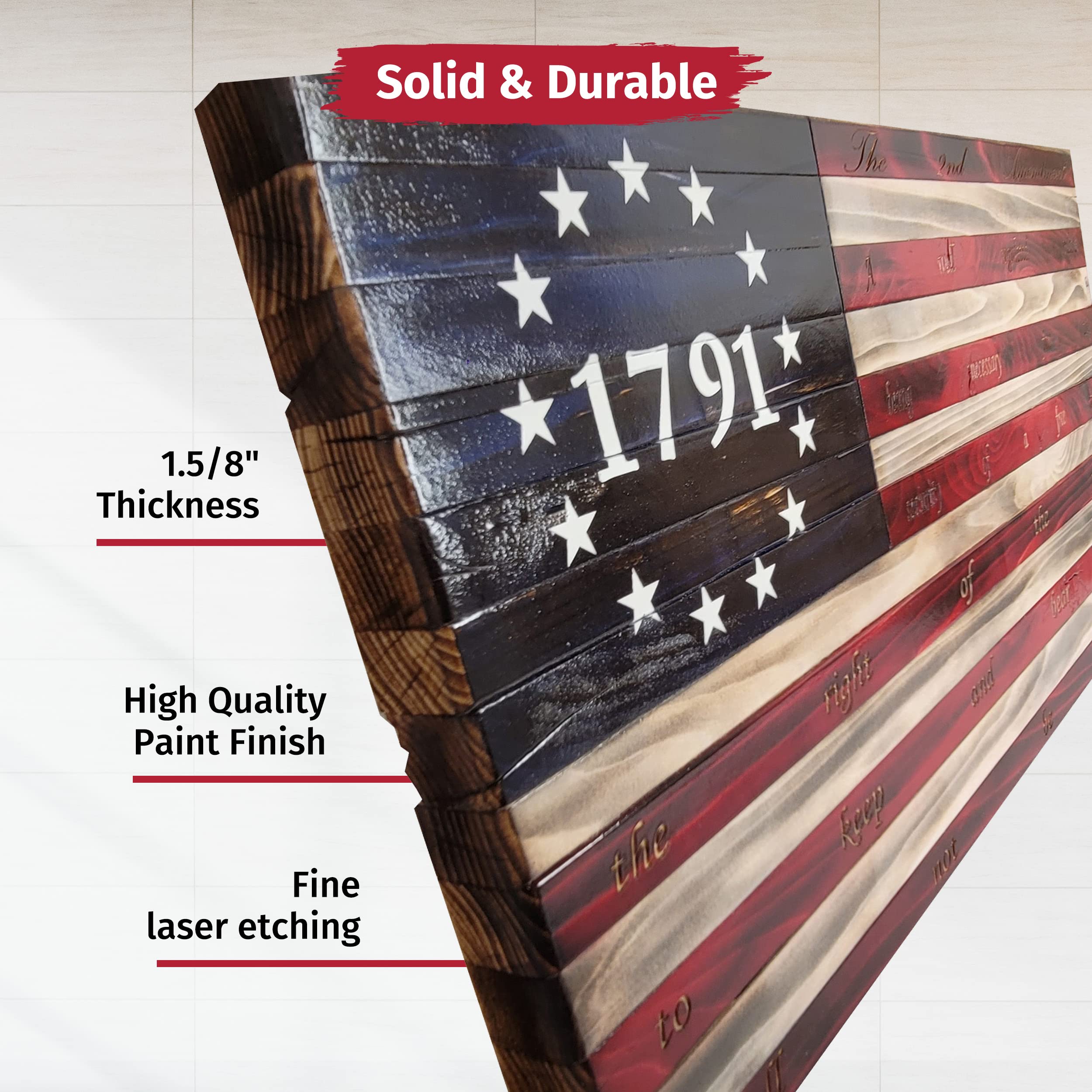 13 Stars 1791 Laser Etched 2nd Amendment American Flag - Handmade Wooden Wall Art for Home Decor, Independence Day & Patriotic Room Decor - Made in USA by Pioneer Pacific Flags (Medium 2 Ft) - Perfect for Living Room, Office, or Outdoor Display