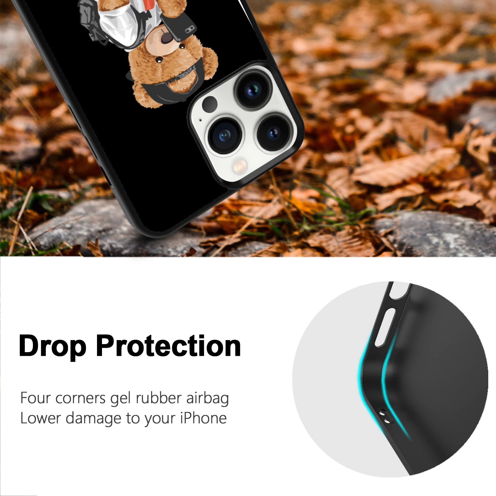 FANXI Cute Bear Shockproof Phone Case for iPhone 13 Pro Max 6.7 Inch - Protective Stylish Cover for Men Women Boys Girls Teens - Perfect for Daily Use, Work, School & Outdoor Activities - Black
