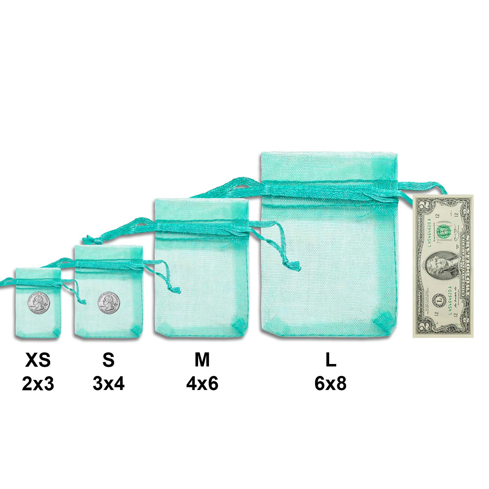 48-Pack 3x4 Inch Teal Sheer Organza Drawstring Gift Bags - Jewelry, Candy, Treat & Wedding Favor Bags - Perfect for Party Favors, Bridal Showers & Baby Showers