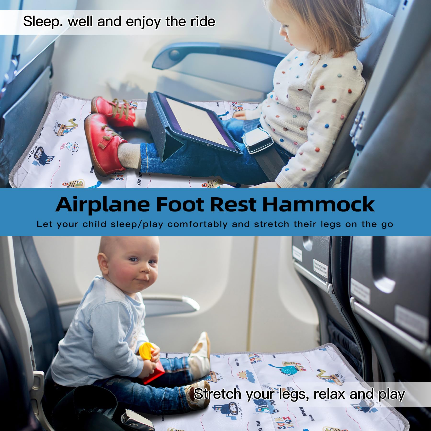 2025 New Airplane Seat Extender for Kids & Toddlers - Portable Airplane Travel Bed with Soft Blanket & Footrest - Baby Flight Essentials for Comfortable Travel (White) - Perfect for Long Flights & Overnight Trips with Infants