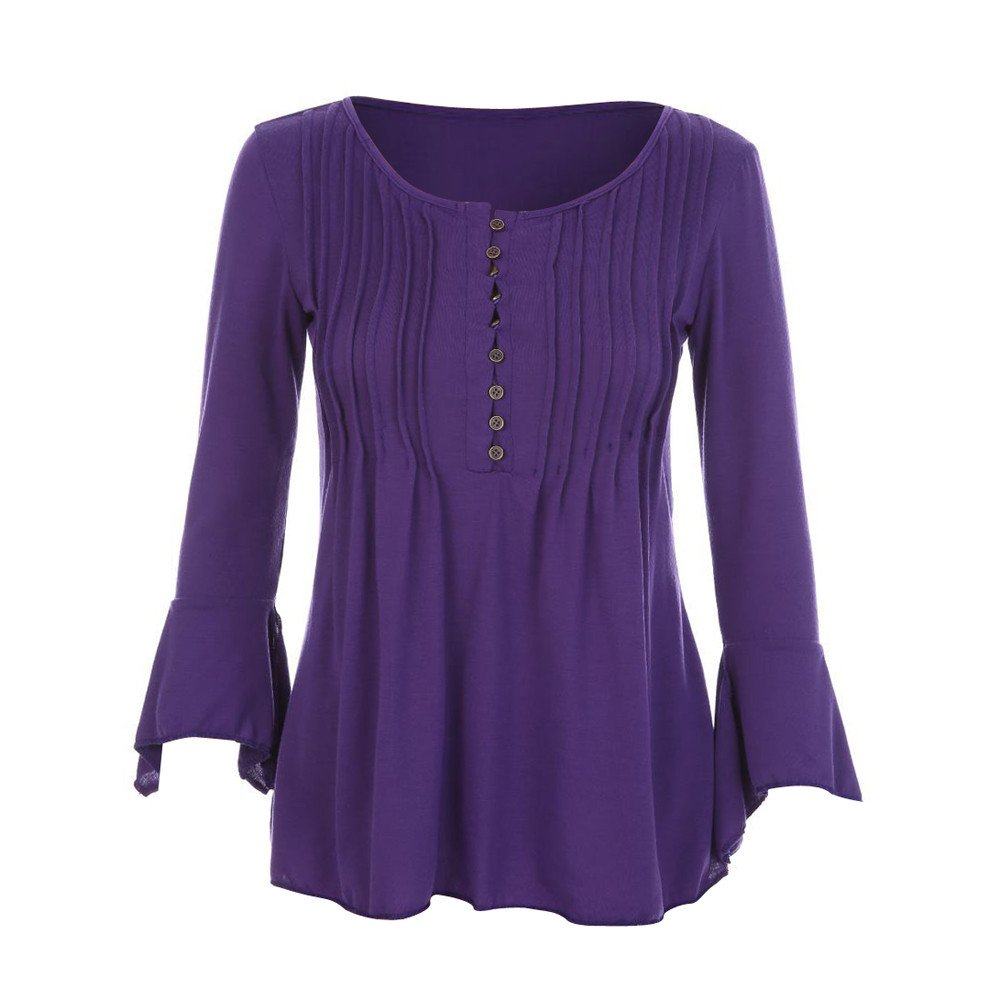 Women's Autumn V-Neck Lace Stitching 3/4 Flare Sleeve Button Tunic Blouse - Casual Daily Wear Top for Work, Date & Fall Outfits